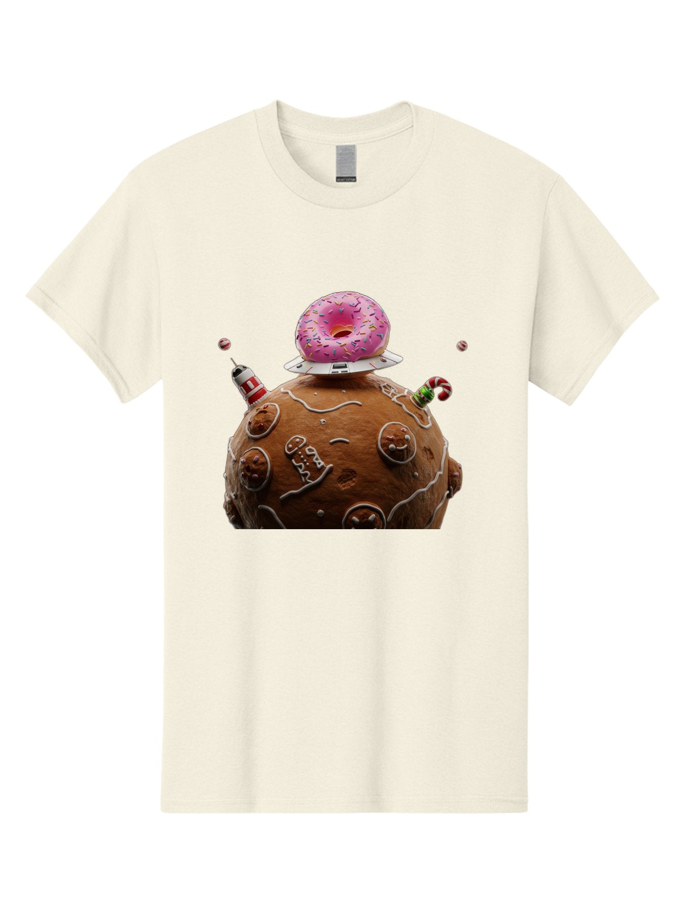 Gingerbread-Planet Men'S Graphic Tee, 100% Cotton, Comfortable Casual Summer Wear, Machine Washable, Donut Spaceship, Pink Donut, Gingerbread Planet, Candy Decorations, Icing Details, Whimsical Scene, Sweet Treats, Dessert Art, Ufo, Spaceship, Bab959 8