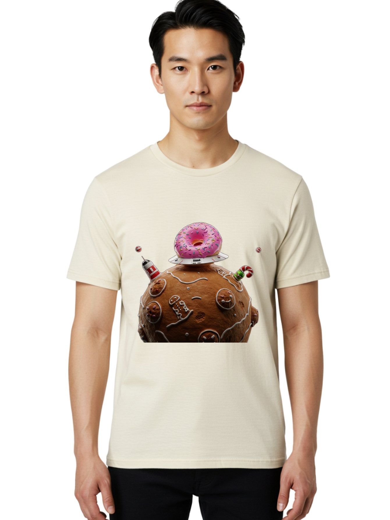 Gingerbread-Planet Men'S Graphic Tee, 100% Cotton, Comfortable Casual Summer Wear, Machine Washable, Donut Spaceship, Pink Donut, Gingerbread Planet, Candy Decorations, Icing Details, Whimsical Scene, Sweet Treats, Dessert Art, Ufo, Spaceship, Bab959 25