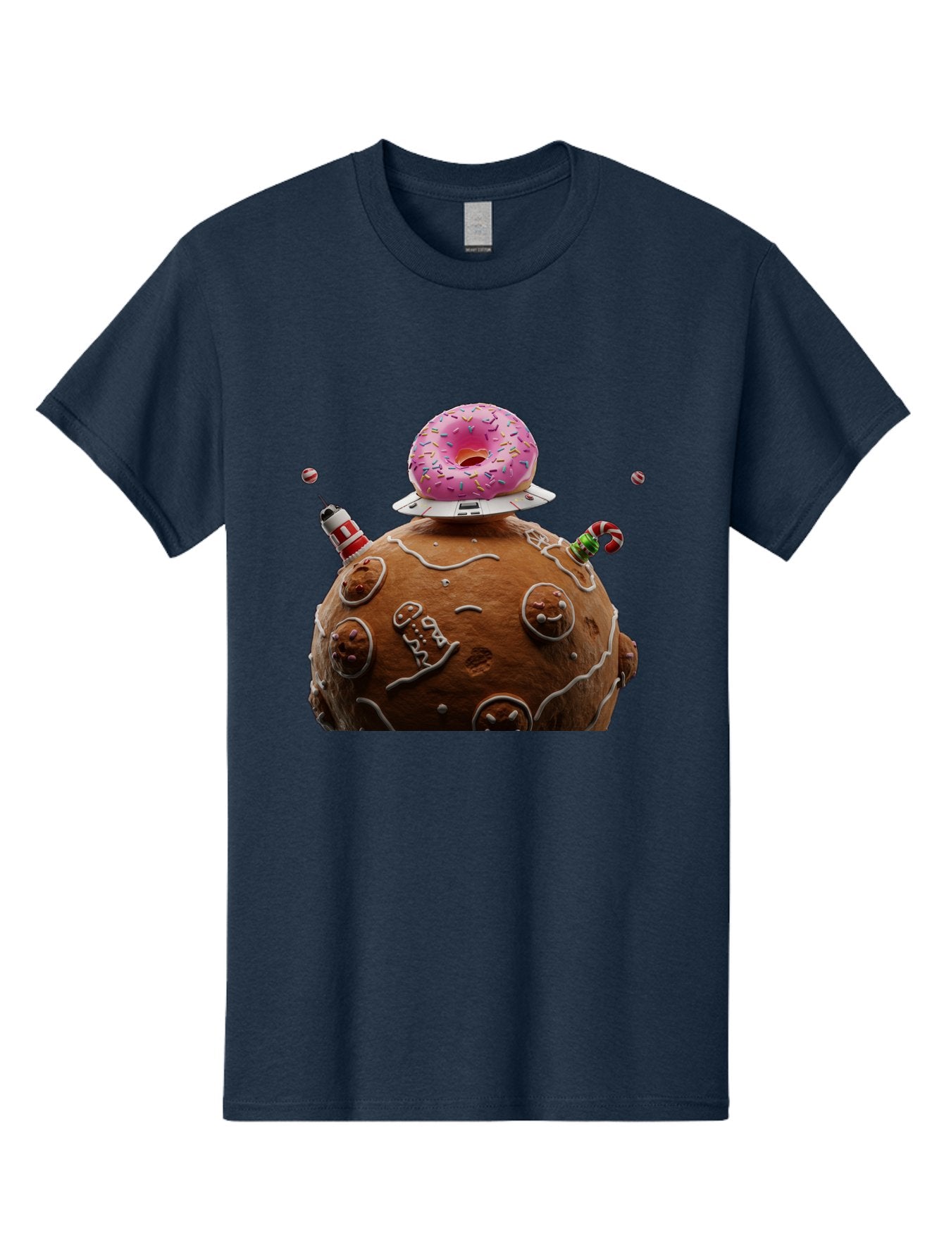 Gingerbread-Planet Men'S Graphic Tee, 100% Cotton, Comfortable Casual Summer Wear, Machine Washable, Donut Spaceship, Pink Donut, Gingerbread Planet, Candy Decorations, Icing Details, Whimsical Scene, Sweet Treats, Dessert Art, Ufo, Spaceship, Bab959 9