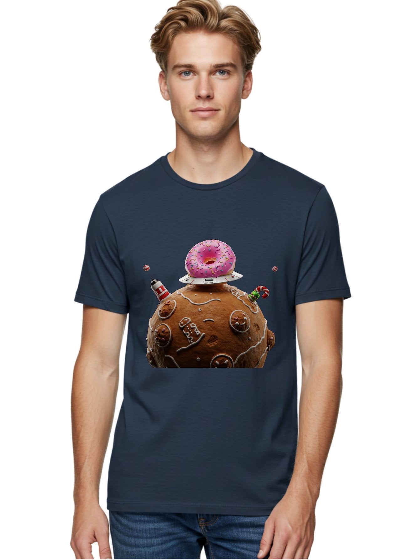 Gingerbread-Planet Men'S Graphic Tee, 100% Cotton, Comfortable Casual Summer Wear, Machine Washable, Donut Spaceship, Pink Donut, Gingerbread Planet, Candy Decorations, Icing Details, Whimsical Scene, Sweet Treats, Dessert Art, Ufo, Spaceship, Bab959 26