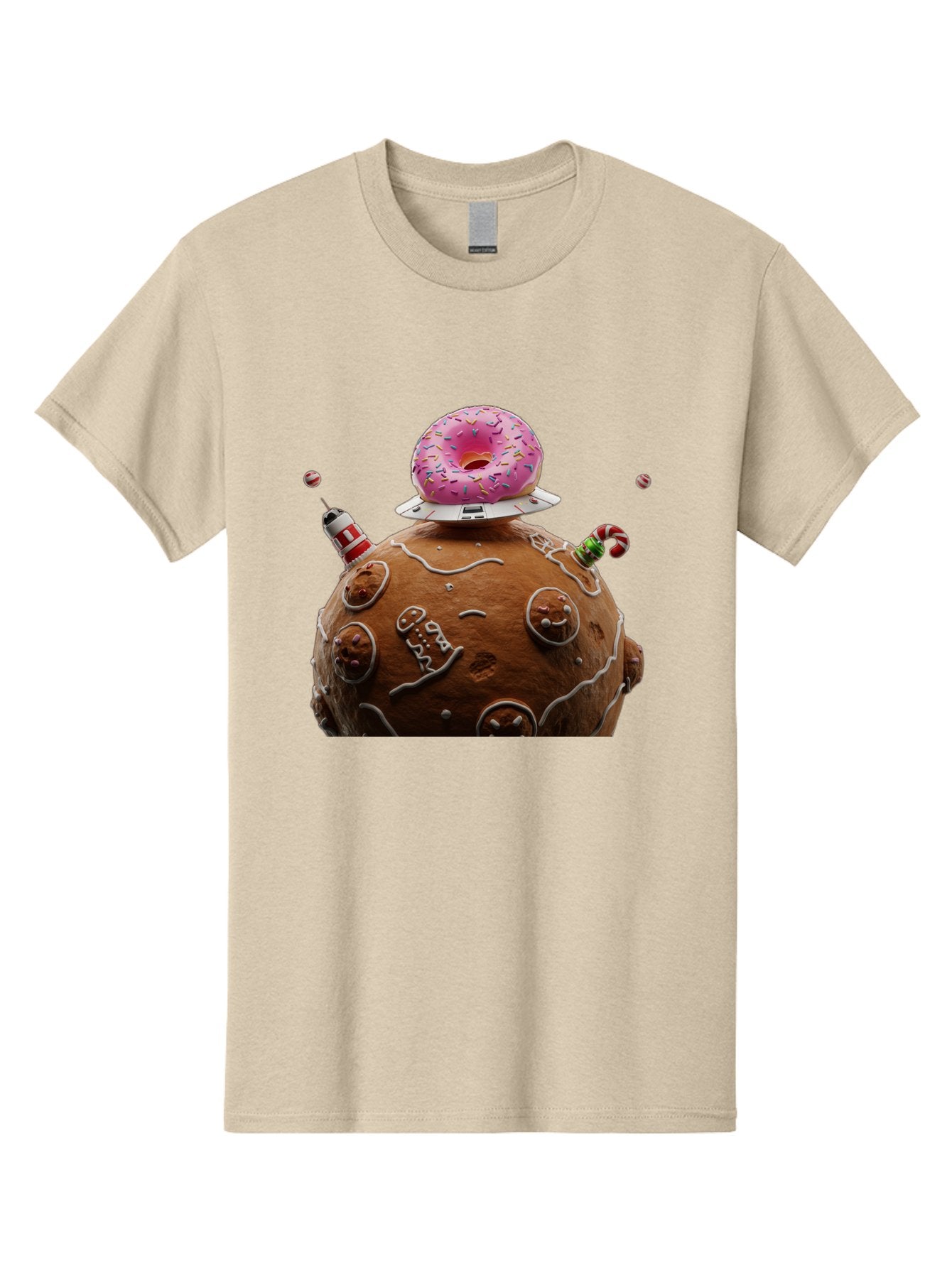 Gingerbread-Planet Men'S Graphic Tee, 100% Cotton, Comfortable Casual Summer Wear, Machine Washable, Donut Spaceship, Pink Donut, Gingerbread Planet, Candy Decorations, Icing Details, Whimsical Scene, Sweet Treats, Dessert Art, Ufo, Spaceship, Bab959 10