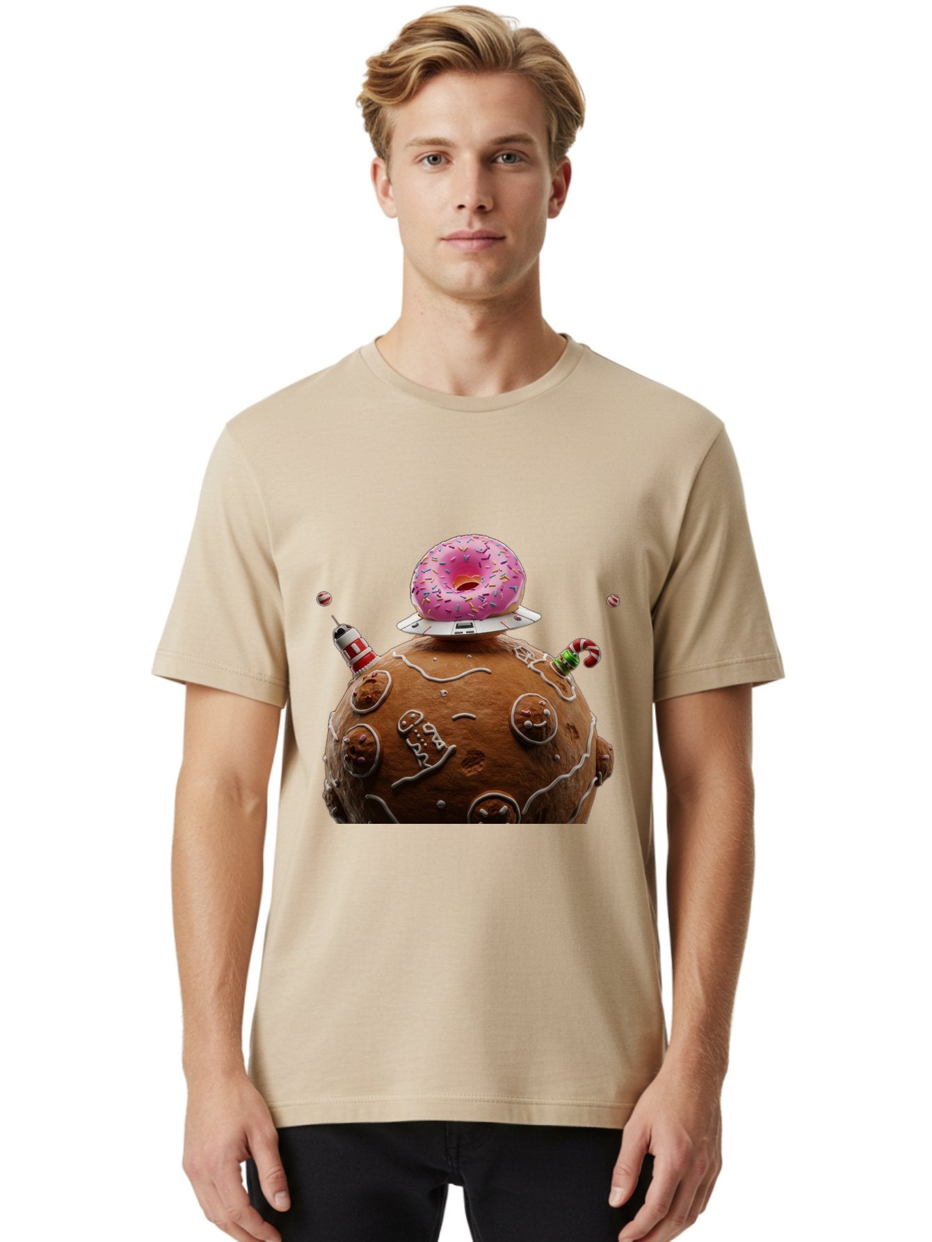 Gingerbread-Planet Men'S Graphic Tee, 100% Cotton, Comfortable Casual Summer Wear, Machine Washable, Donut Spaceship, Pink Donut, Gingerbread Planet, Candy Decorations, Icing Details, Whimsical Scene, Sweet Treats, Dessert Art, Ufo, Spaceship, Bab959 17