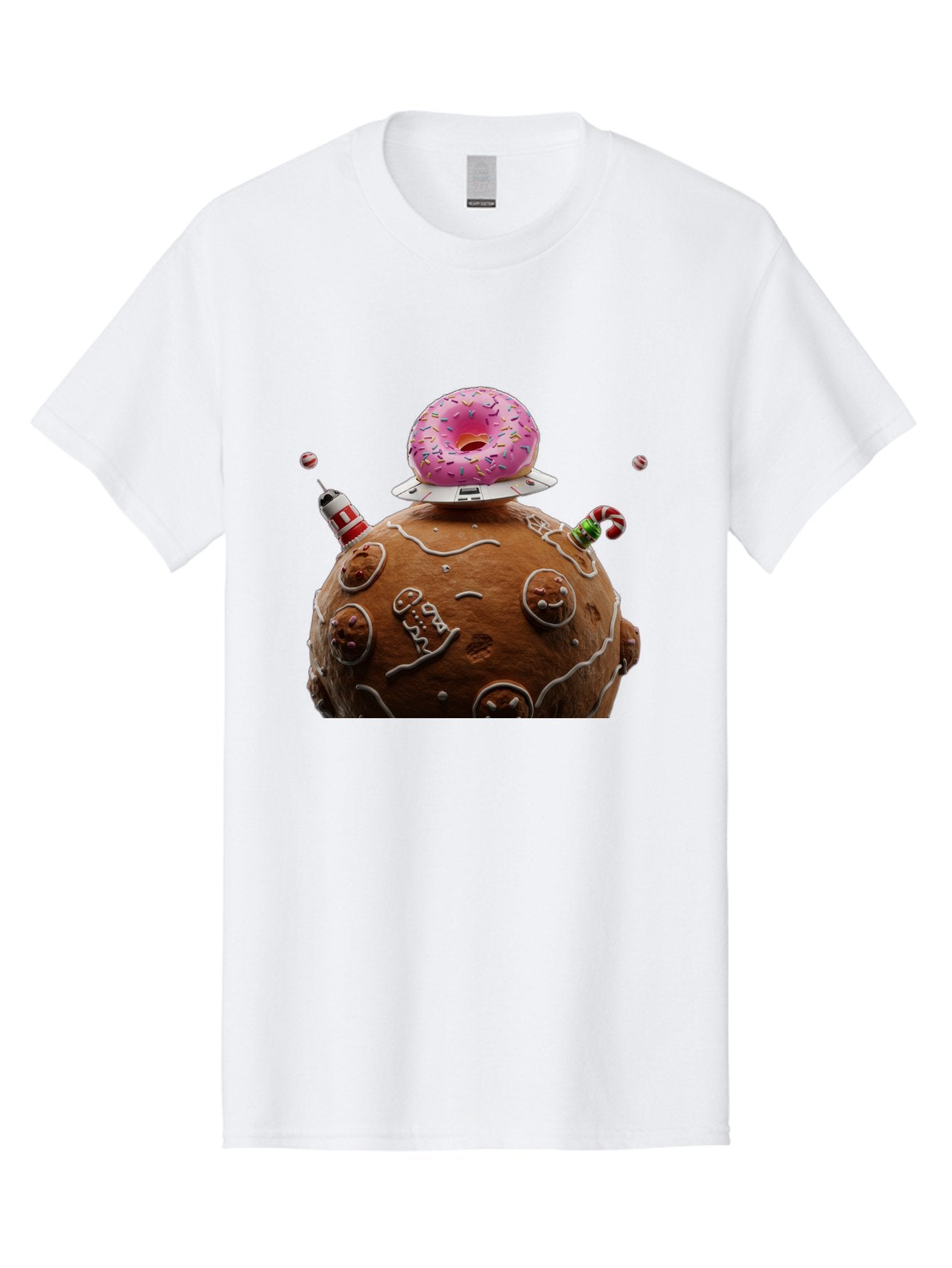Gingerbread-Planet Men'S Graphic Tee, 100% Cotton, Comfortable Casual Summer Wear, Machine Washable, Donut Spaceship, Pink Donut, Gingerbread Planet, Candy Decorations, Icing Details, Whimsical Scene, Sweet Treats, Dessert Art, Ufo, Spaceship, Bab959 5