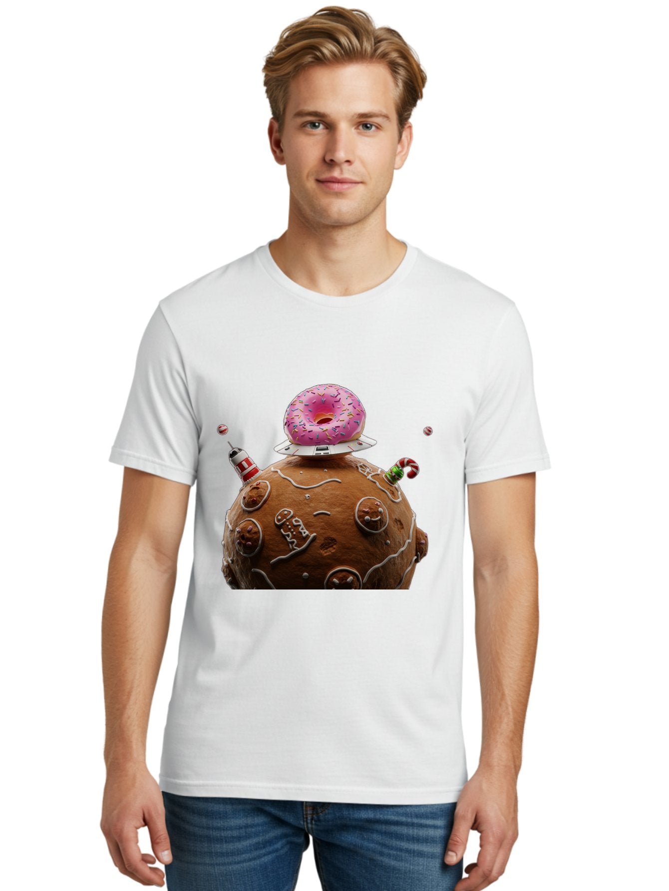 Gingerbread-Planet Men'S Graphic Tee, 100% Cotton, Comfortable Casual Summer Wear, Machine Washable, Donut Spaceship, Pink Donut, Gingerbread Planet, Candy Decorations, Icing Details, Whimsical Scene, Sweet Treats, Dessert Art, Ufo, Spaceship, Bab959 23