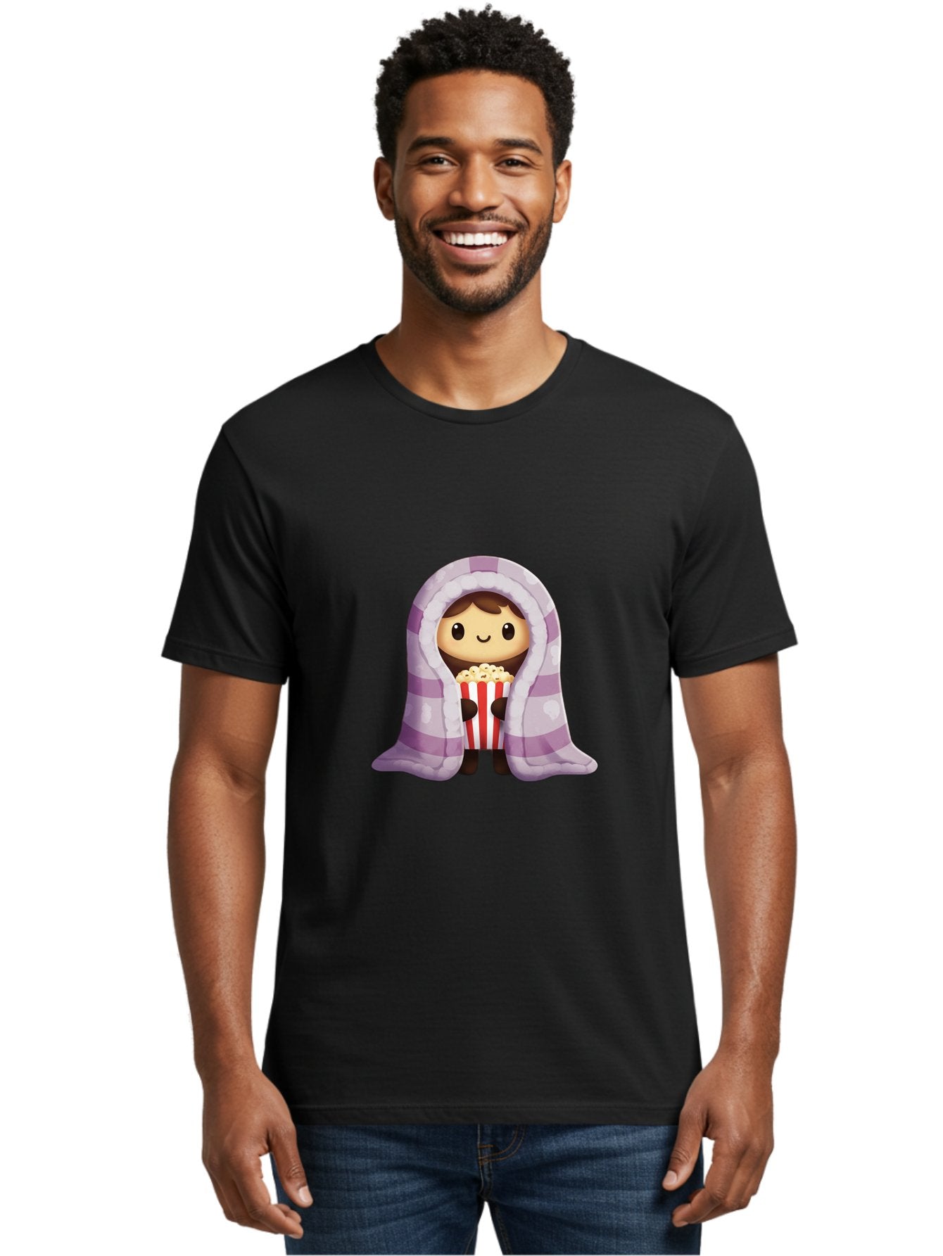 Girl-With-Popcorn Men'S Graphic Tee, 100% Cotton, Comfortable Casual Summer Wear, Machine Washable, Cartoon Girl, Wrapped In Blanket, Holding Popcorn, Cozy Atmosphere, Relaxed Mood, Kawaii Style, Cute Character, Movie Night, Snack Time, Bab960 26