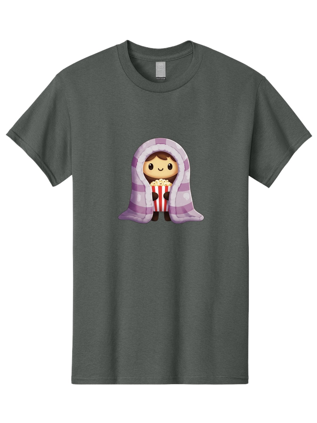 Girl-With-Popcorn Men'S Graphic Tee, 100% Cotton, Comfortable Casual Summer Wear, Machine Washable, Cartoon Girl, Wrapped In Blanket, Holding Popcorn, Cozy Atmosphere, Relaxed Mood, Kawaii Style, Cute Character, Movie Night, Snack Time, Bab960
