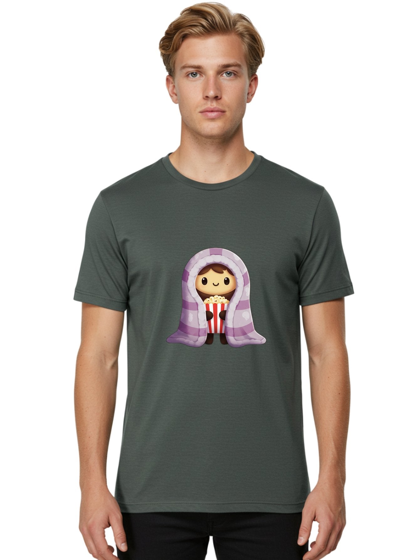 Girl-With-Popcorn Men'S Graphic Tee, 100% Cotton, Comfortable Casual Summer Wear, Machine Washable, Cartoon Girl, Wrapped In Blanket, Holding Popcorn, Cozy Atmosphere, Relaxed Mood, Kawaii Style, Cute Character, Movie Night, Snack Time, Bab960 19