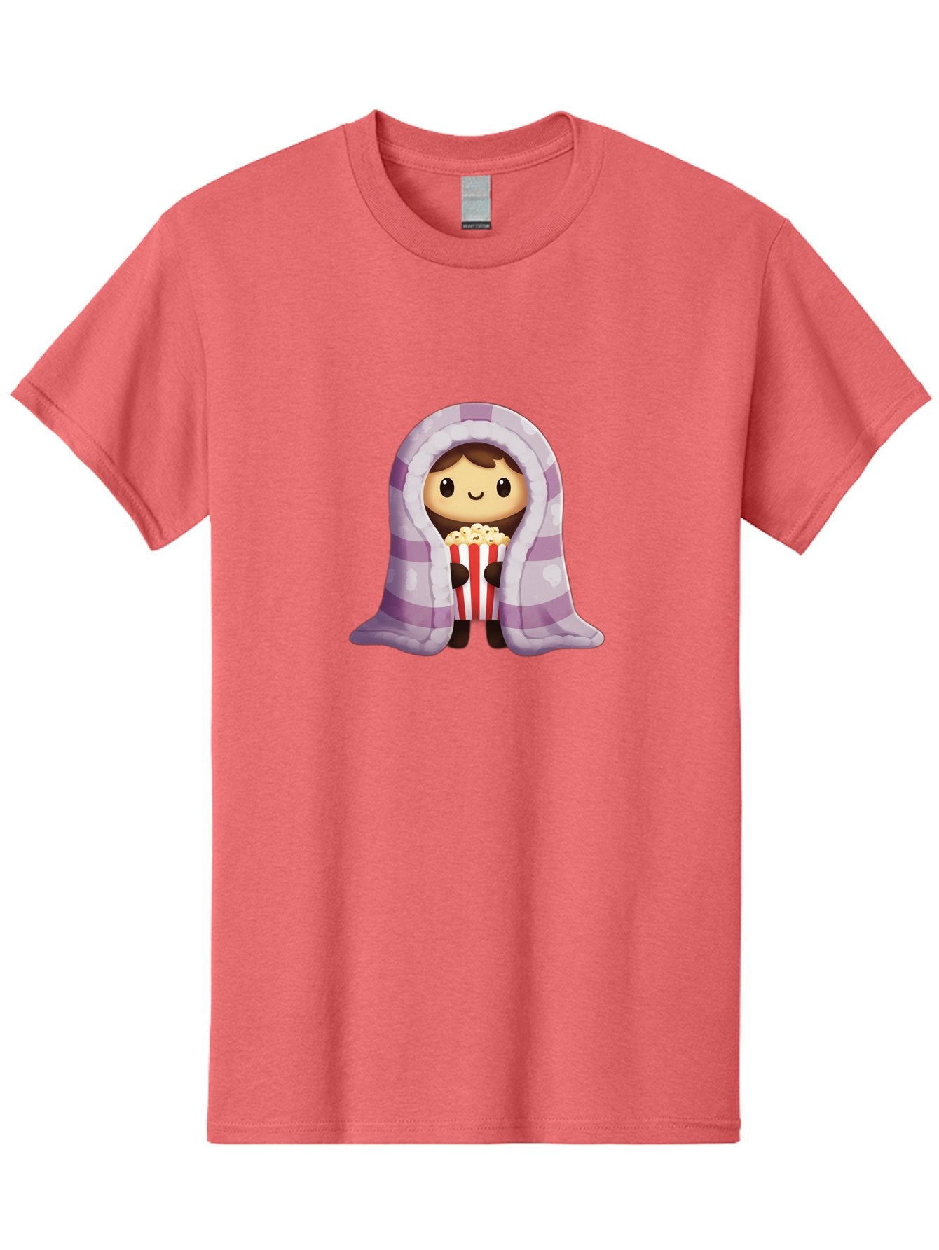 Girl-With-Popcorn Men'S Graphic Tee, 100% Cotton, Comfortable Casual Summer Wear, Machine Washable, Cartoon Girl, Wrapped In Blanket, Holding Popcorn, Cozy Atmosphere, Relaxed Mood, Kawaii Style, Cute Character, Movie Night, Snack Time, Bab960 12
