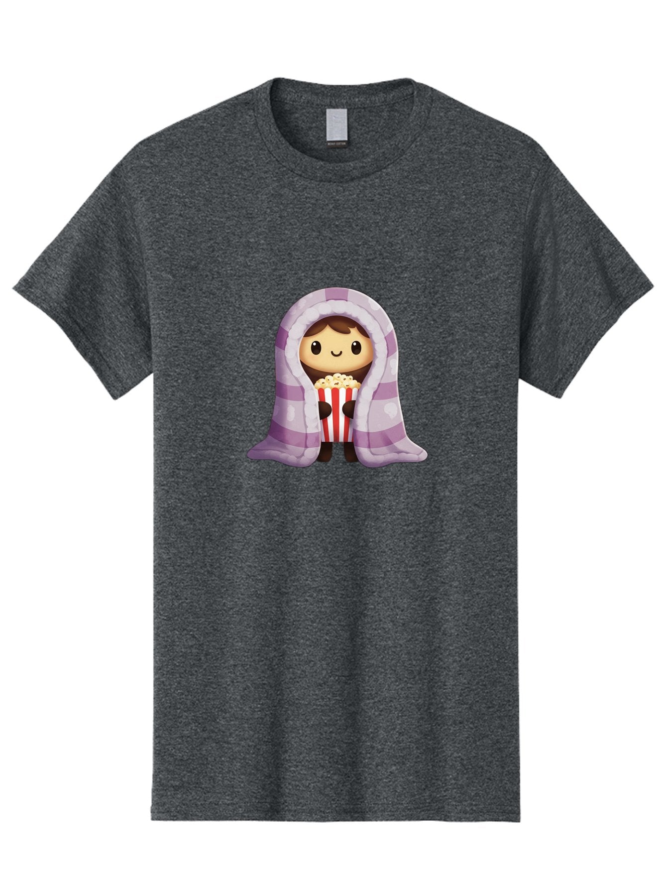 Girl-With-Popcorn Men'S Graphic Tee, 100% Cotton, Comfortable Casual Summer Wear, Machine Washable, Cartoon Girl, Wrapped In Blanket, Holding Popcorn, Cozy Atmosphere, Relaxed Mood, Kawaii Style, Cute Character, Movie Night, Snack Time, Bab960 3