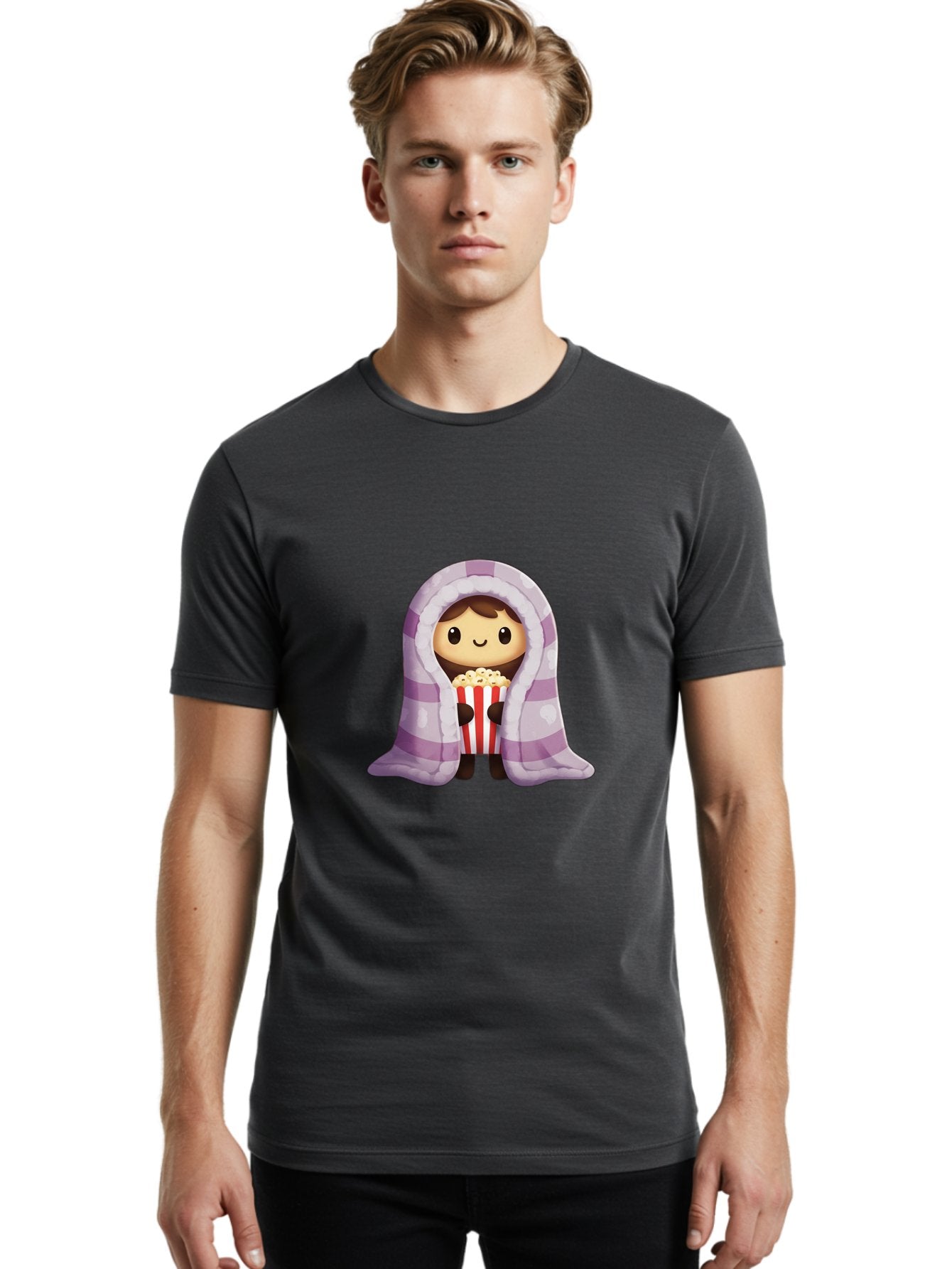 Girl-With-Popcorn Men'S Graphic Tee, 100% Cotton, Comfortable Casual Summer Wear, Machine Washable, Cartoon Girl, Wrapped In Blanket, Holding Popcorn, Cozy Atmosphere, Relaxed Mood, Kawaii Style, Cute Character, Movie Night, Snack Time, Bab960 22