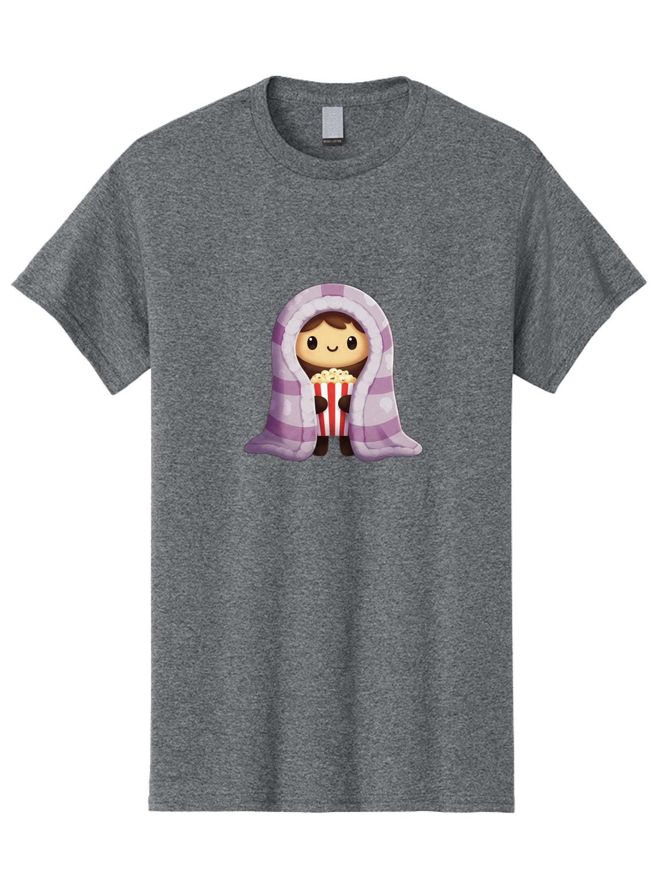 Girl-With-Popcorn Men'S Graphic Tee, 100% Cotton, Comfortable Casual Summer Wear, Machine Washable, Cartoon Girl, Wrapped In Blanket, Holding Popcorn, Cozy Atmosphere, Relaxed Mood, Kawaii Style, Cute Character, Movie Night, Snack Time, Bab960 14