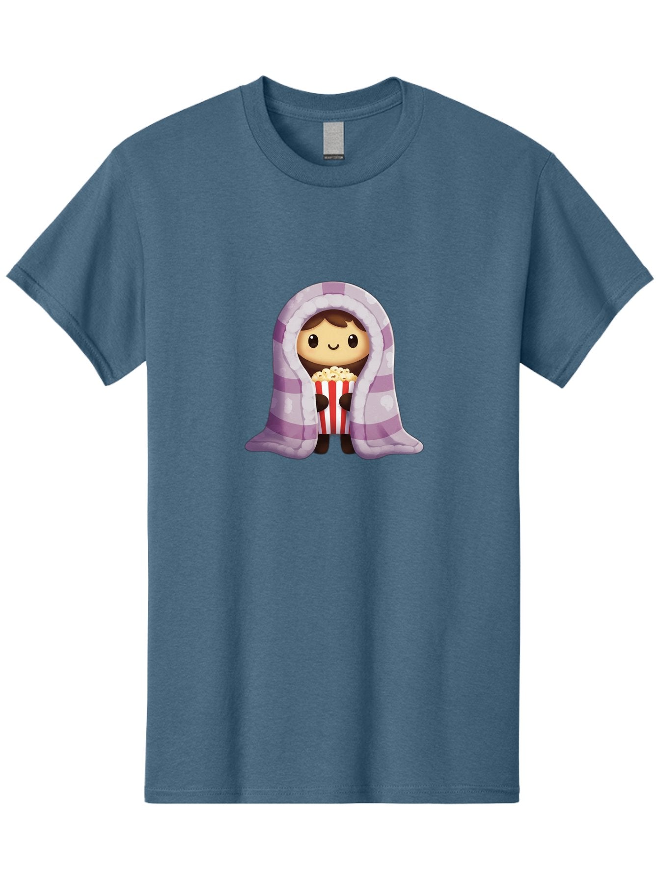 Girl-With-Popcorn Men'S Graphic Tee, 100% Cotton, Comfortable Casual Summer Wear, Machine Washable, Cartoon Girl, Wrapped In Blanket, Holding Popcorn, Cozy Atmosphere, Relaxed Mood, Kawaii Style, Cute Character, Movie Night, Snack Time, Bab960