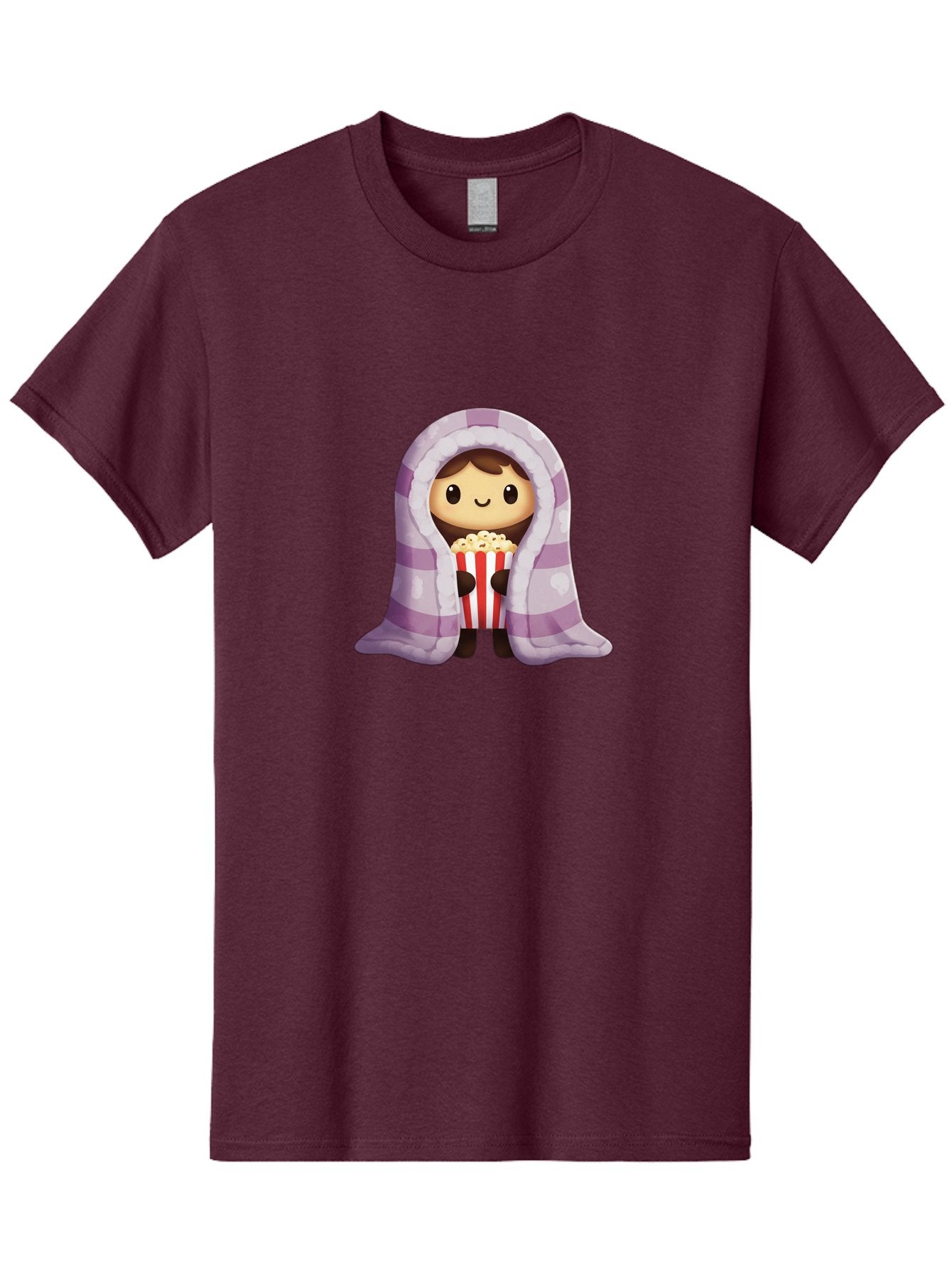 Girl-With-Popcorn Men'S Graphic Tee, 100% Cotton, Comfortable Casual Summer Wear, Machine Washable, Cartoon Girl, Wrapped In Blanket, Holding Popcorn, Cozy Atmosphere, Relaxed Mood, Kawaii Style, Cute Character, Movie Night, Snack Time, Bab960 4