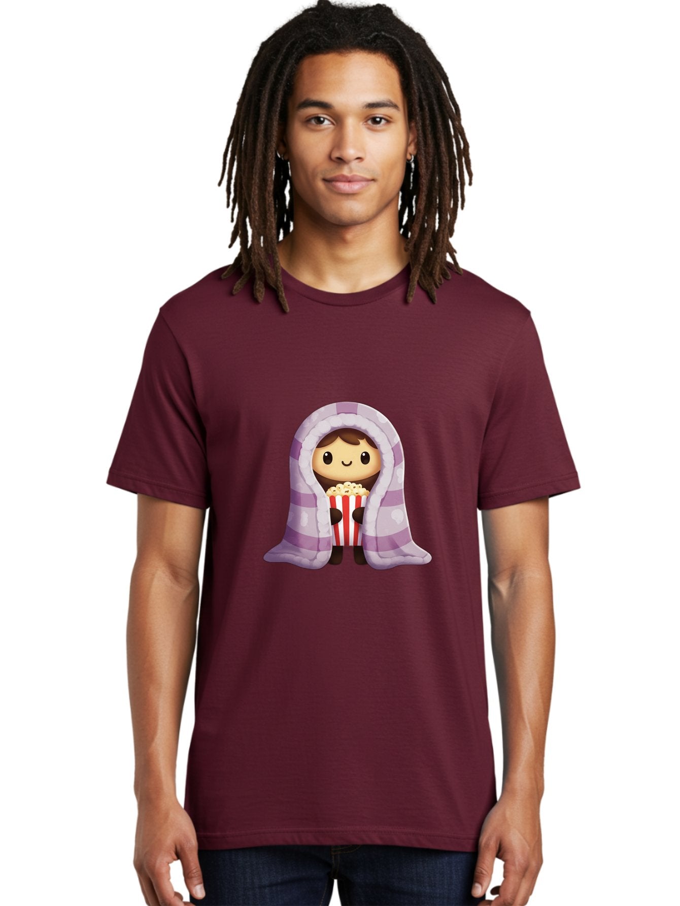Girl-With-Popcorn Men'S Graphic Tee, 100% Cotton, Comfortable Casual Summer Wear, Machine Washable, Cartoon Girl, Wrapped In Blanket, Holding Popcorn, Cozy Atmosphere, Relaxed Mood, Kawaii Style, Cute Character, Movie Night, Snack Time, Bab960 18