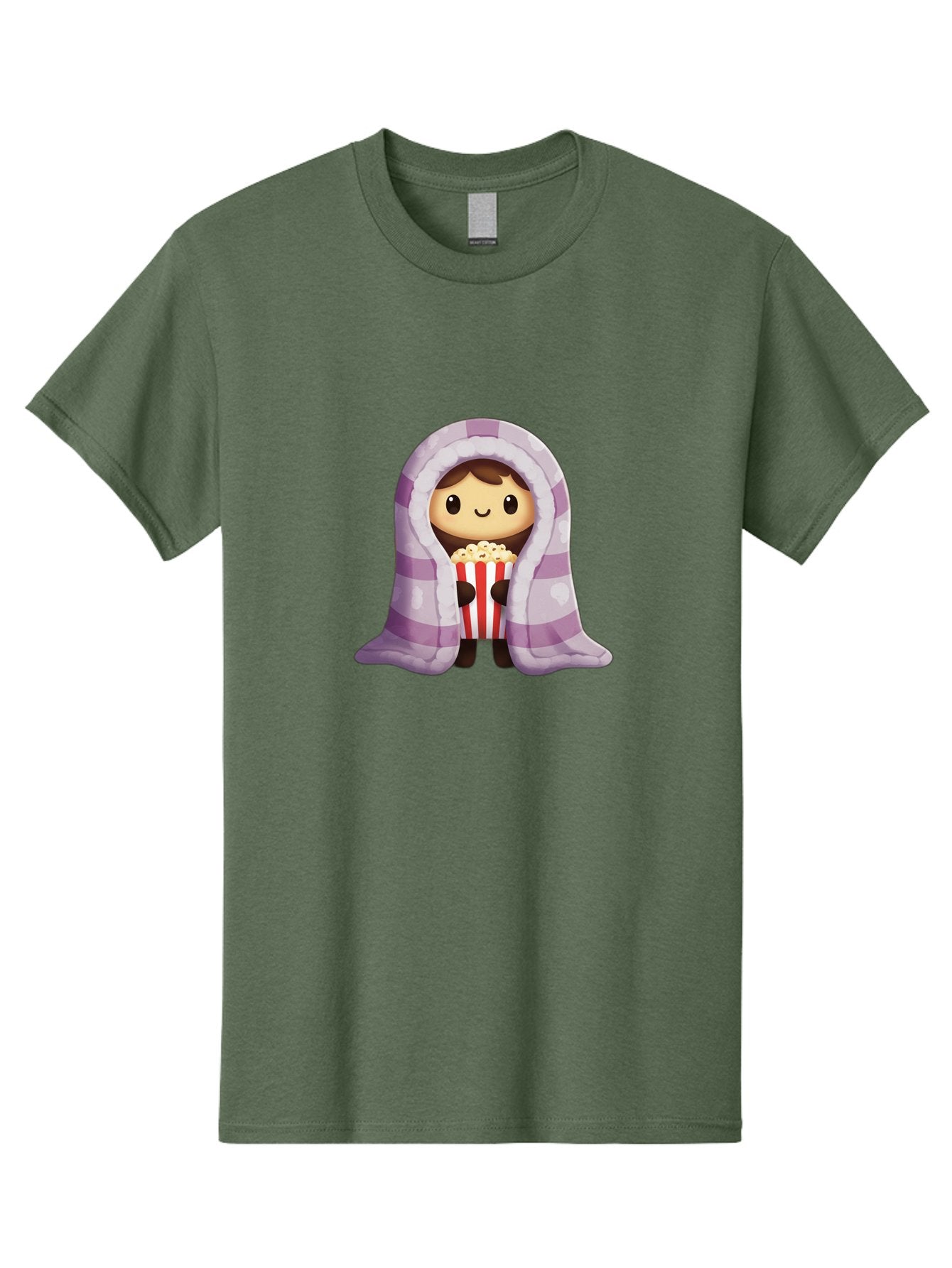 Girl-With-Popcorn Men'S Graphic Tee, 100% Cotton, Comfortable Casual Summer Wear, Machine Washable, Cartoon Girl, Wrapped In Blanket, Holding Popcorn, Cozy Atmosphere, Relaxed Mood, Kawaii Style, Cute Character, Movie Night, Snack Time, Bab960 8
