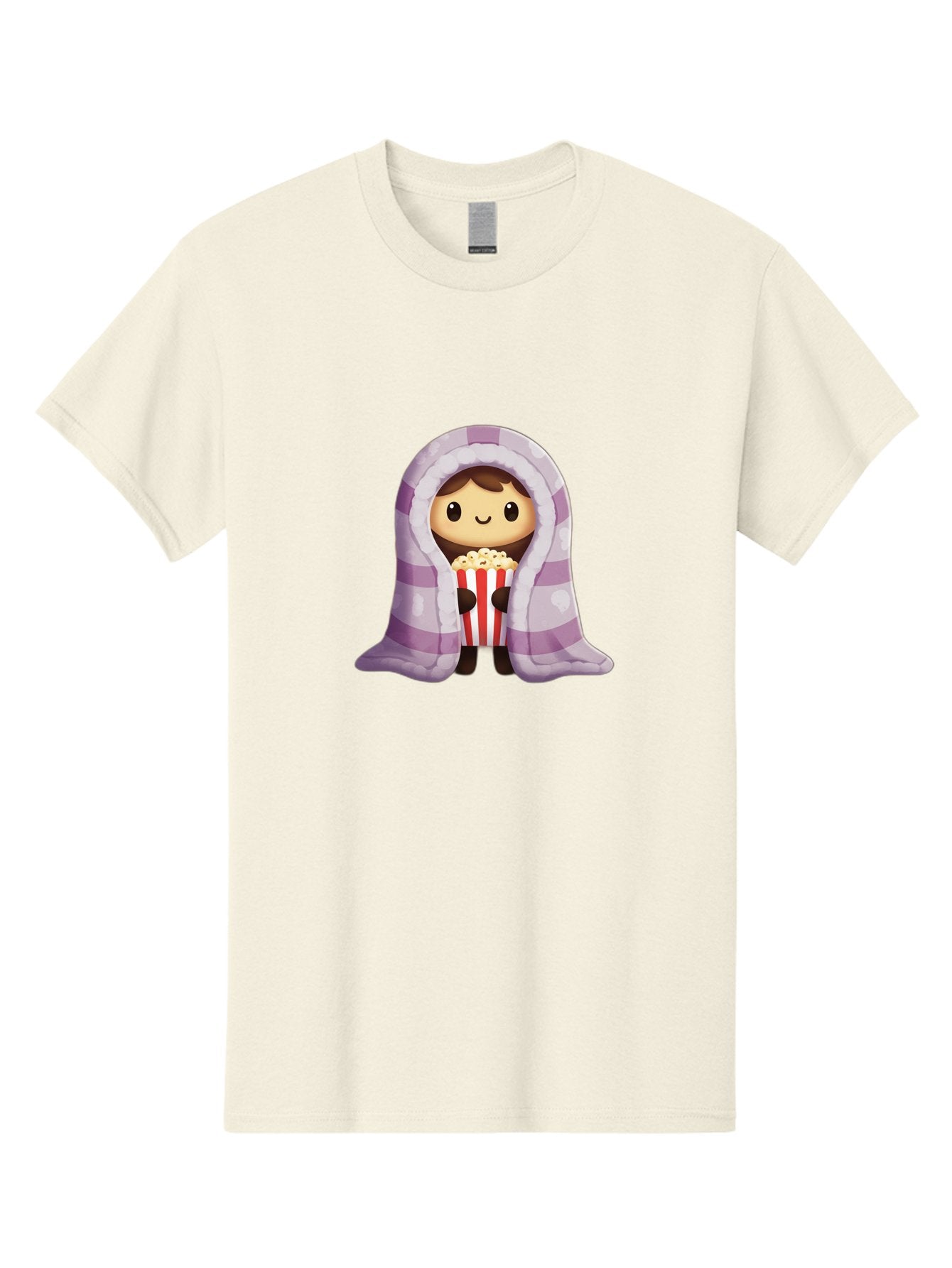 Girl-With-Popcorn Men'S Graphic Tee, 100% Cotton, Comfortable Casual Summer Wear, Machine Washable, Cartoon Girl, Wrapped In Blanket, Holding Popcorn, Cozy Atmosphere, Relaxed Mood, Kawaii Style, Cute Character, Movie Night, Snack Time, Bab960 10