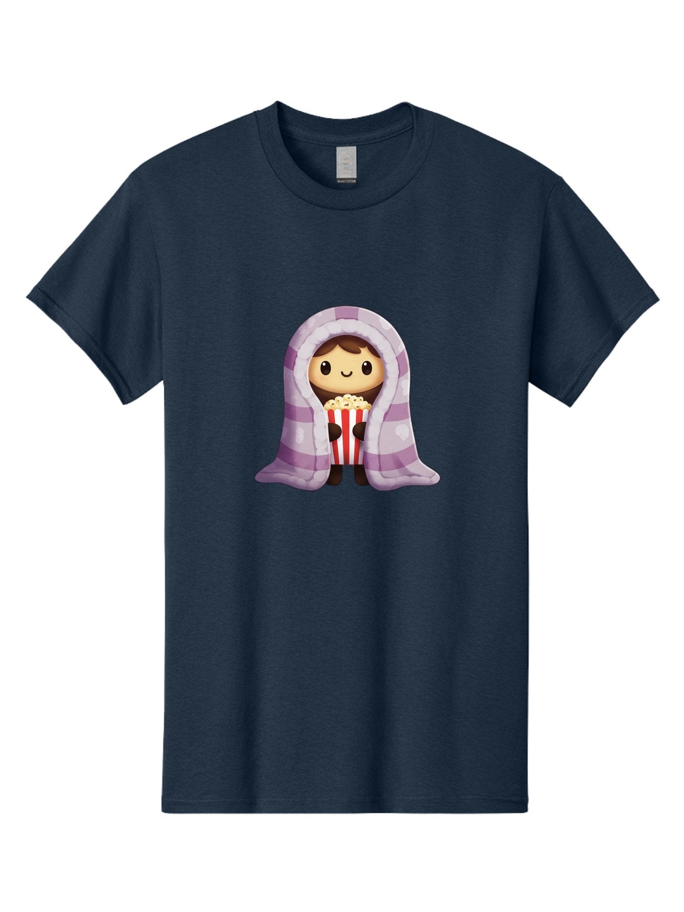 Girl-With-Popcorn Men'S Graphic Tee, 100% Cotton, Comfortable Casual Summer Wear, Machine Washable, Cartoon Girl, Wrapped In Blanket, Holding Popcorn, Cozy Atmosphere, Relaxed Mood, Kawaii Style, Cute Character, Movie Night, Snack Time, Bab960 15