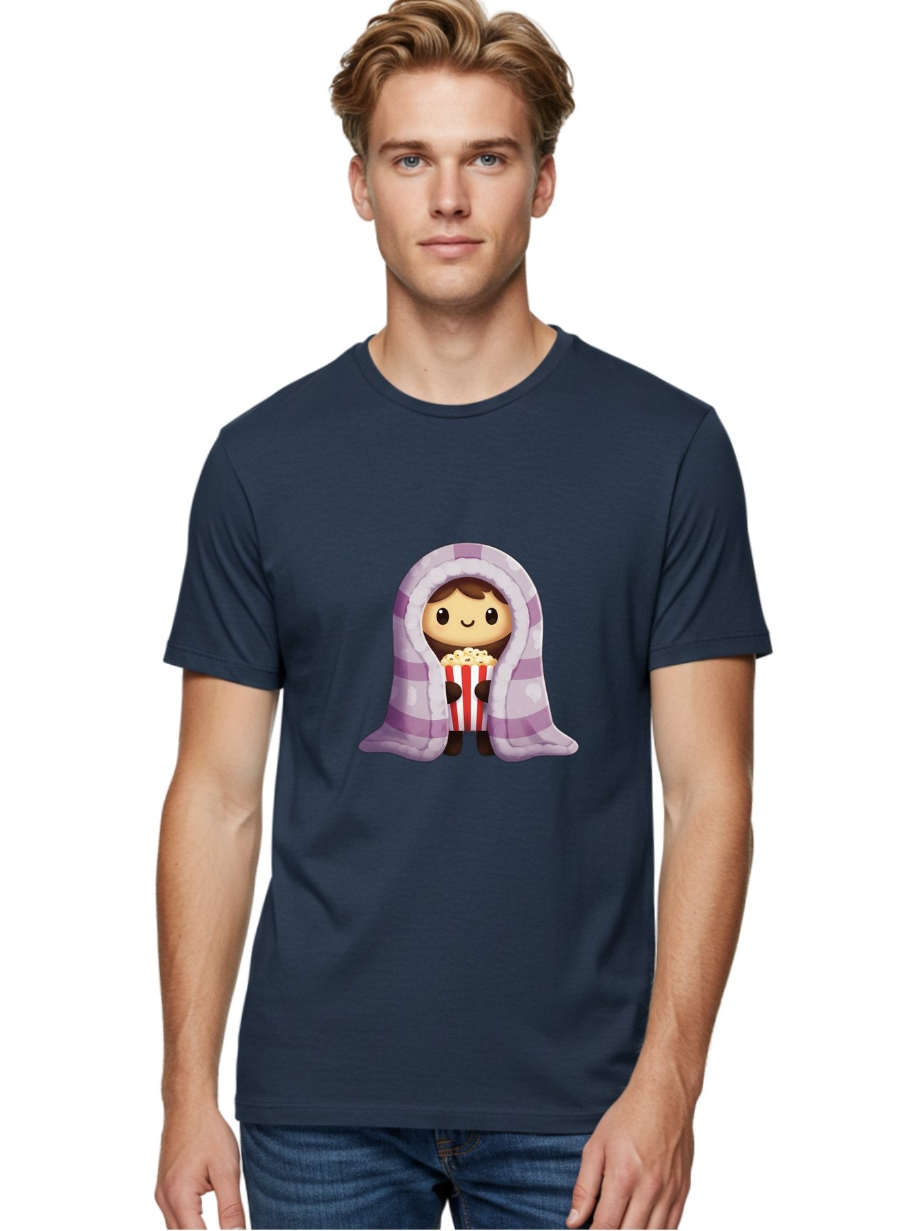Girl-With-Popcorn Men'S Graphic Tee, 100% Cotton, Comfortable Casual Summer Wear, Machine Washable, Cartoon Girl, Wrapped In Blanket, Holding Popcorn, Cozy Atmosphere, Relaxed Mood, Kawaii Style, Cute Character, Movie Night, Snack Time, Bab960 30