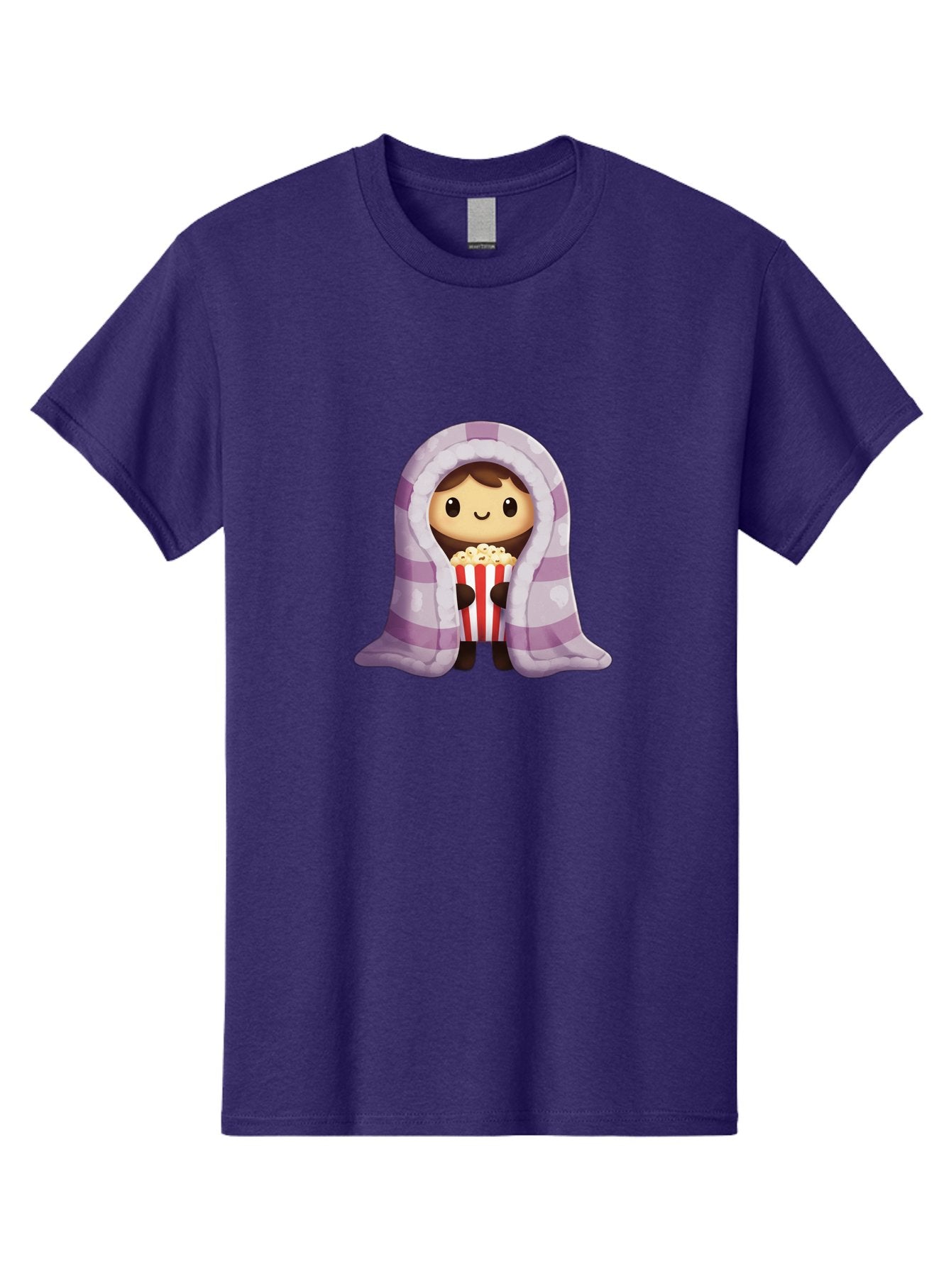 Girl-With-Popcorn Men'S Graphic Tee, 100% Cotton, Comfortable Casual Summer Wear, Machine Washable, Cartoon Girl, Wrapped In Blanket, Holding Popcorn, Cozy Atmosphere, Relaxed Mood, Kawaii Style, Cute Character, Movie Night, Snack Time, Bab960 13