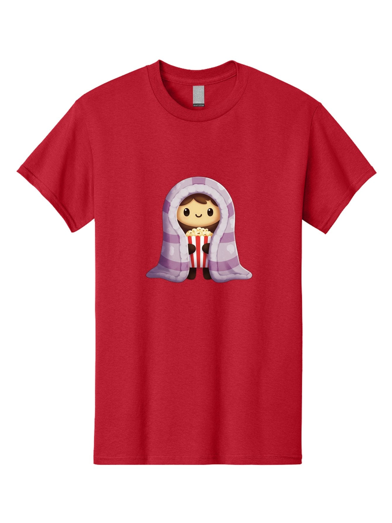 Girl-With-Popcorn Men'S Graphic Tee, 100% Cotton, Comfortable Casual Summer Wear, Machine Washable, Cartoon Girl, Wrapped In Blanket, Holding Popcorn, Cozy Atmosphere, Relaxed Mood, Kawaii Style, Cute Character, Movie Night, Snack Time, Bab960 6