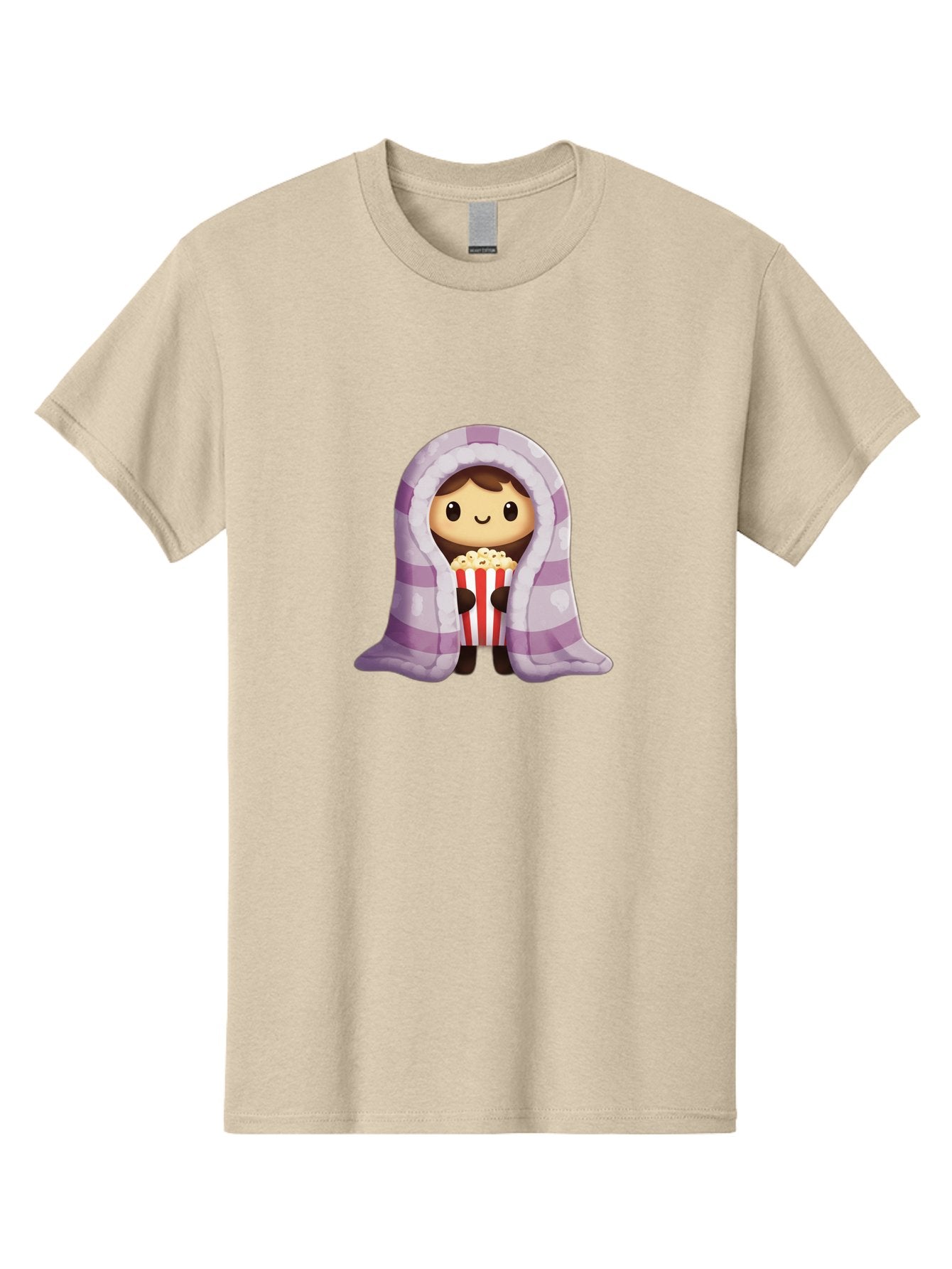 Girl-With-Popcorn Men'S Graphic Tee, 100% Cotton, Comfortable Casual Summer Wear, Machine Washable, Cartoon Girl, Wrapped In Blanket, Holding Popcorn, Cozy Atmosphere, Relaxed Mood, Kawaii Style, Cute Character, Movie Night, Snack Time, Bab960 11