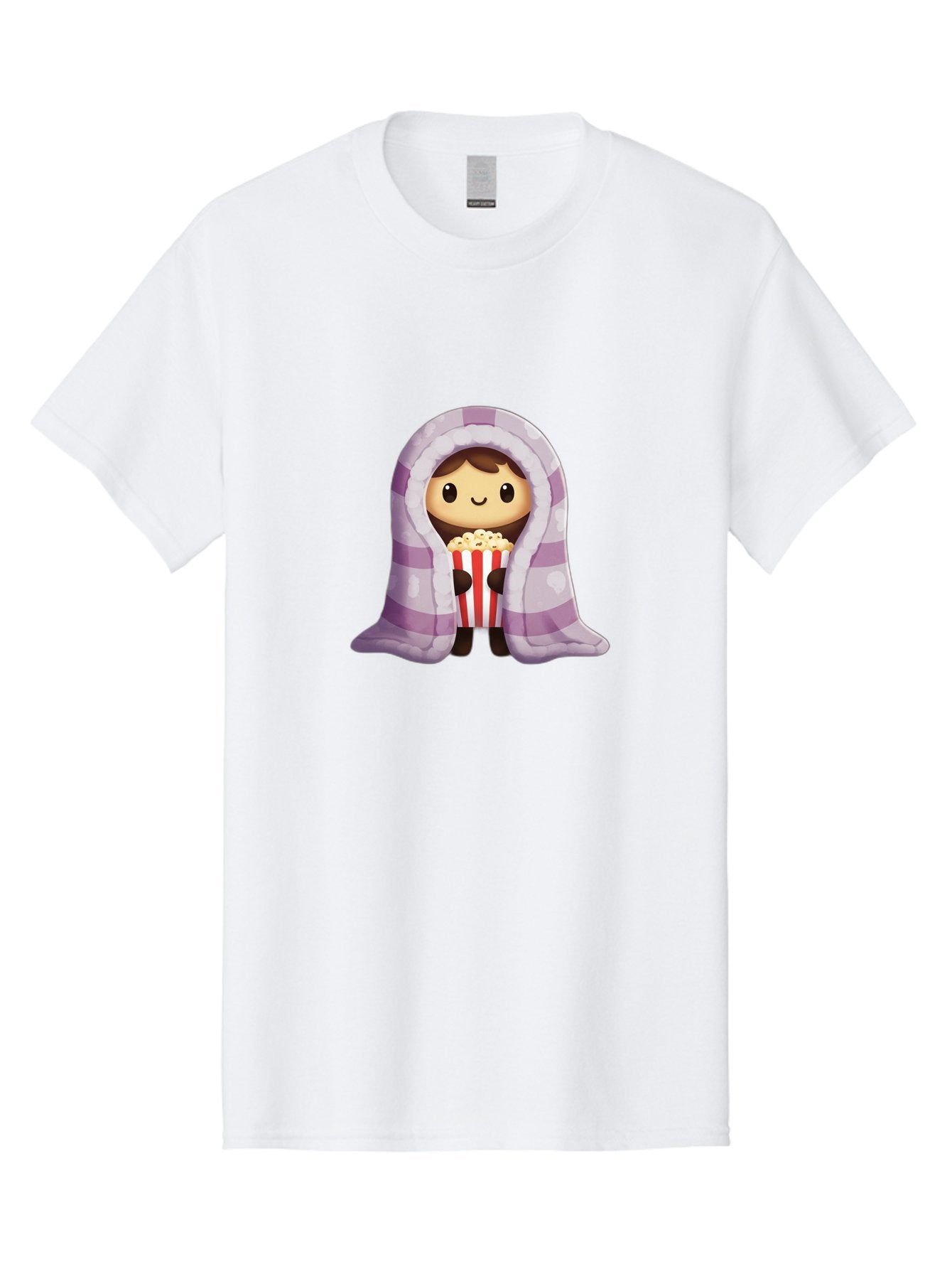 Girl-With-Popcorn Men'S Graphic Tee, 100% Cotton, Comfortable Casual Summer Wear, Machine Washable, Cartoon Girl, Wrapped In Blanket, Holding Popcorn, Cozy Atmosphere, Relaxed Mood, Kawaii Style, Cute Character, Movie Night, Snack Time, Bab960 7