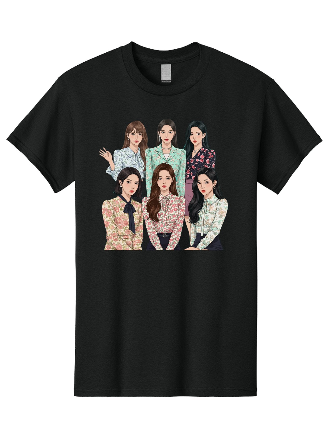 Girls-Generation Men'S Graphic Tee, 100% Cotton, Comfortable Casual Summer Wear, Machine Washable, K-Pop Group Illustration, Six Female Idols, Floral Blouses, Fashionable Outfits, Cartoon-Style Artwork, Long Black Hair, Stylish Poses, Bab961 10
