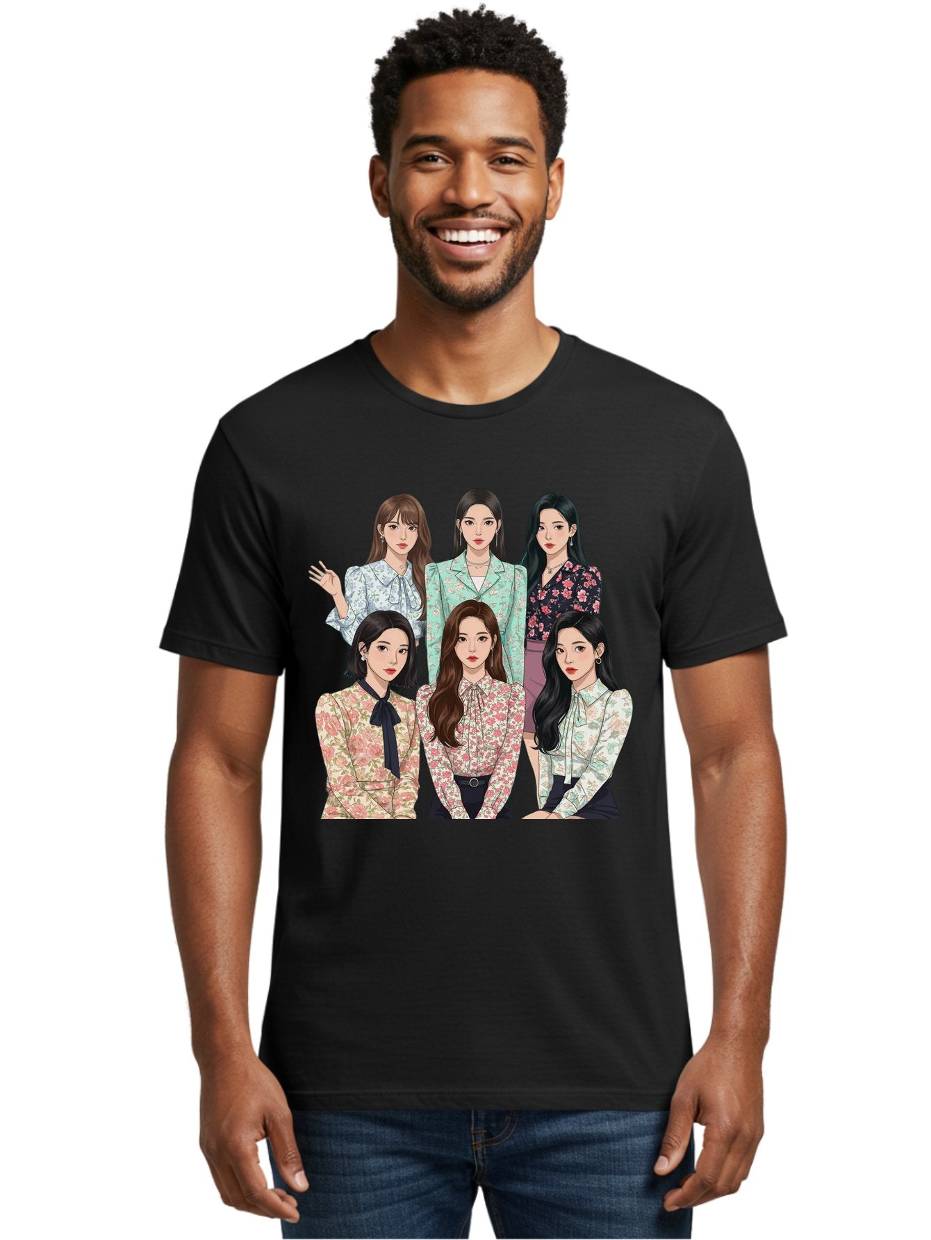 Girls-Generation Men'S Graphic Tee, 100% Cotton, Comfortable Casual Summer Wear, Machine Washable, K-Pop Group Illustration, Six Female Idols, Floral Blouses, Fashionable Outfits, Cartoon-Style Artwork, Long Black Hair, Stylish Poses, Bab961 17