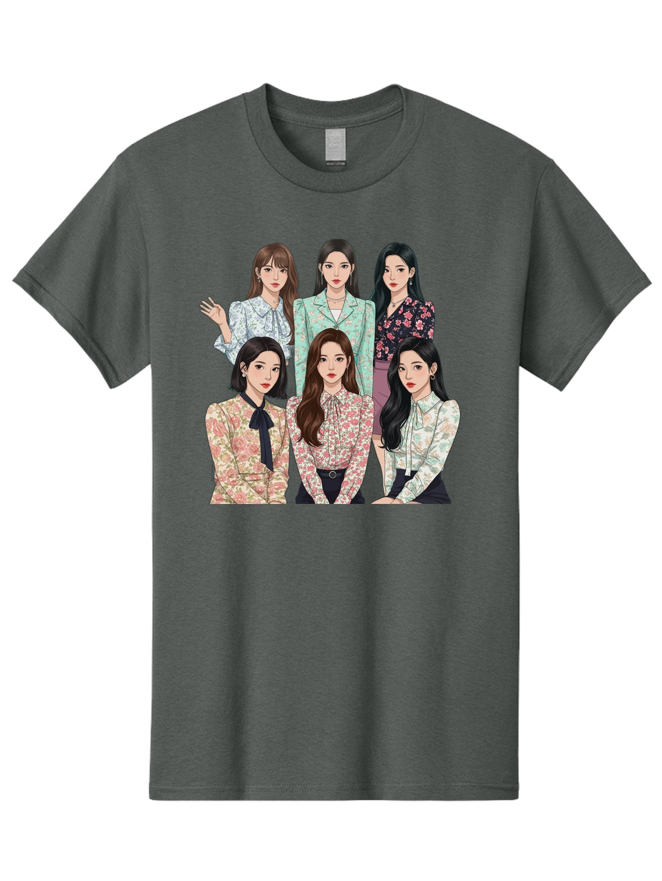 Girls-Generation Men'S Graphic Tee, 100% Cotton, Comfortable Casual Summer Wear, Machine Washable, K-Pop Group Illustration, Six Female Idols, Floral Blouses, Fashionable Outfits, Cartoon-Style Artwork, Long Black Hair, Stylish Poses, Bab961 11
