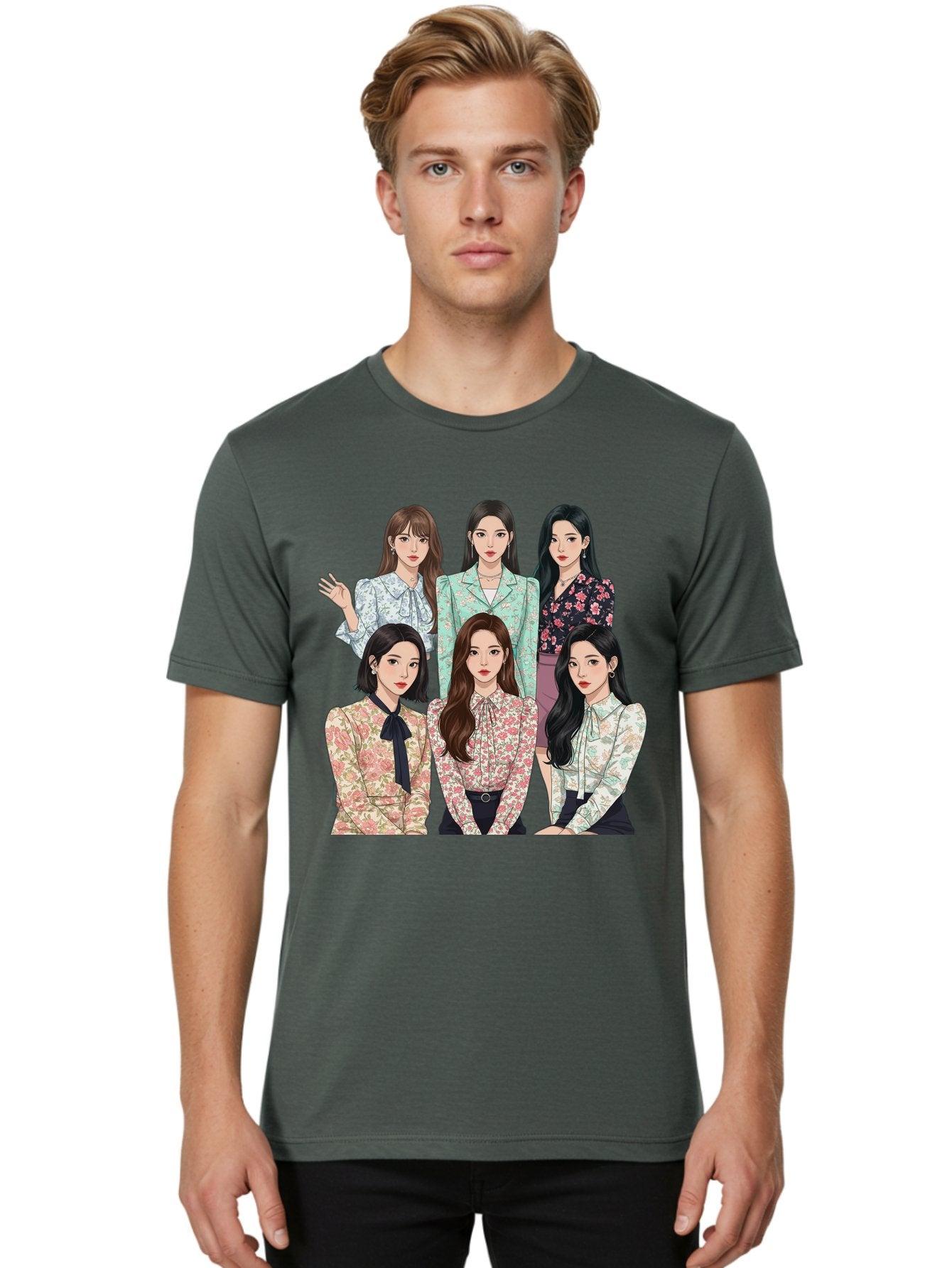 Girls-Generation Men'S Graphic Tee, 100% Cotton, Comfortable Casual Summer Wear, Machine Washable, K-Pop Group Illustration, Six Female Idols, Floral Blouses, Fashionable Outfits, Cartoon-Style Artwork, Long Black Hair, Stylish Poses, Bab961 27