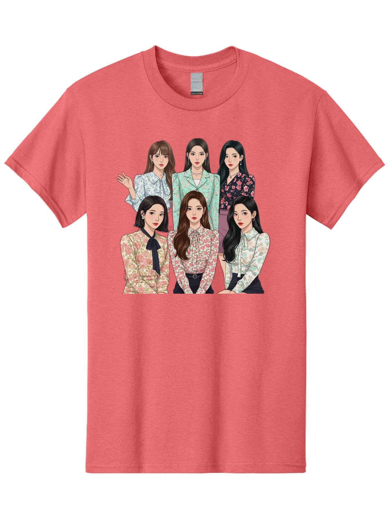 Girls-Generation Men'S Graphic Tee, 100% Cotton, Comfortable Casual Summer Wear, Machine Washable, K-Pop Group Illustration, Six Female Idols, Floral Blouses, Fashionable Outfits, Cartoon-Style Artwork, Long Black Hair, Stylish Poses, Bab961 7
