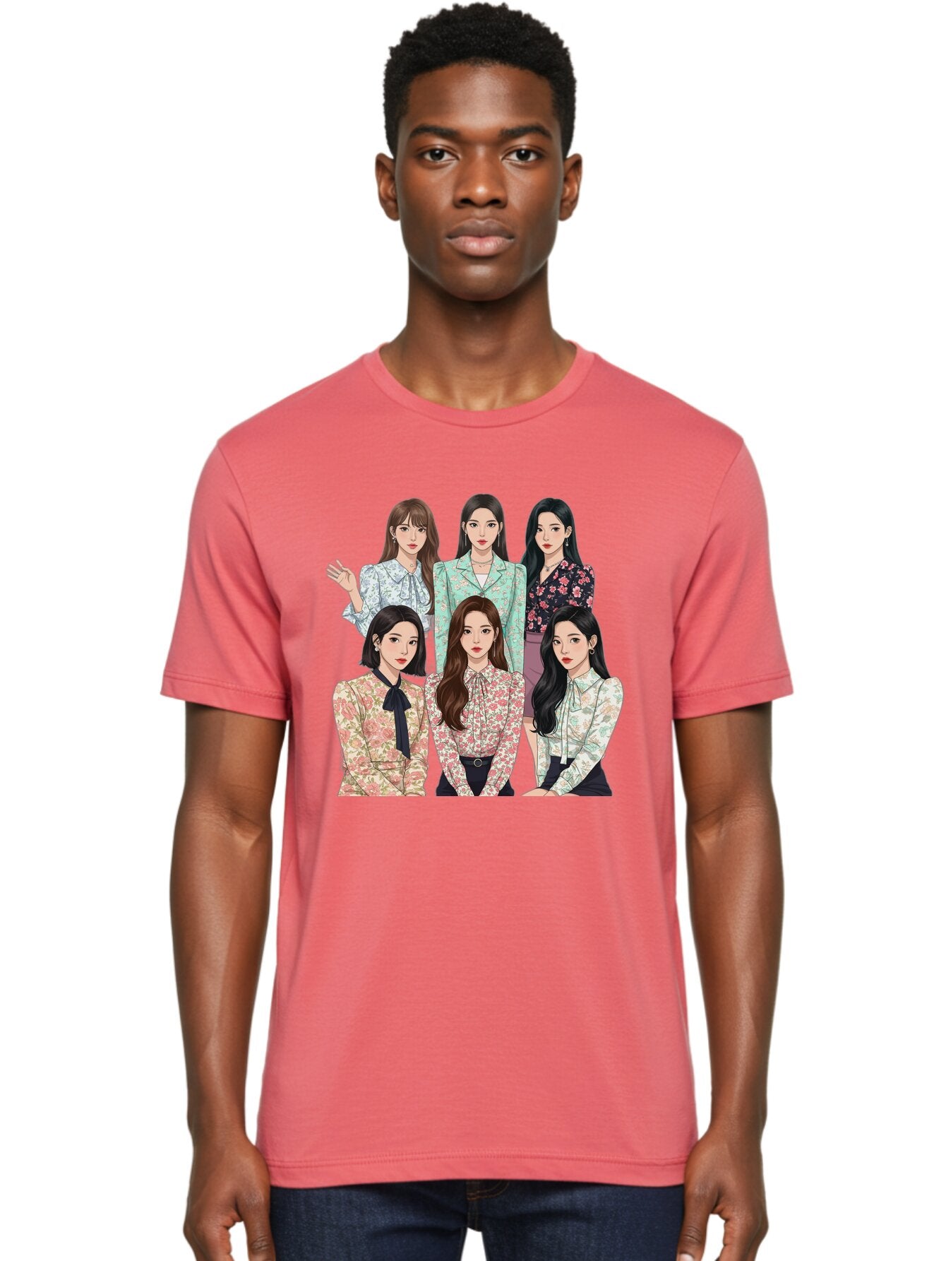 Girls-Generation Men'S Graphic Tee, 100% Cotton, Comfortable Casual Summer Wear, Machine Washable, K-Pop Group Illustration, Six Female Idols, Floral Blouses, Fashionable Outfits, Cartoon-Style Artwork, Long Black Hair, Stylish Poses, Bab961 16