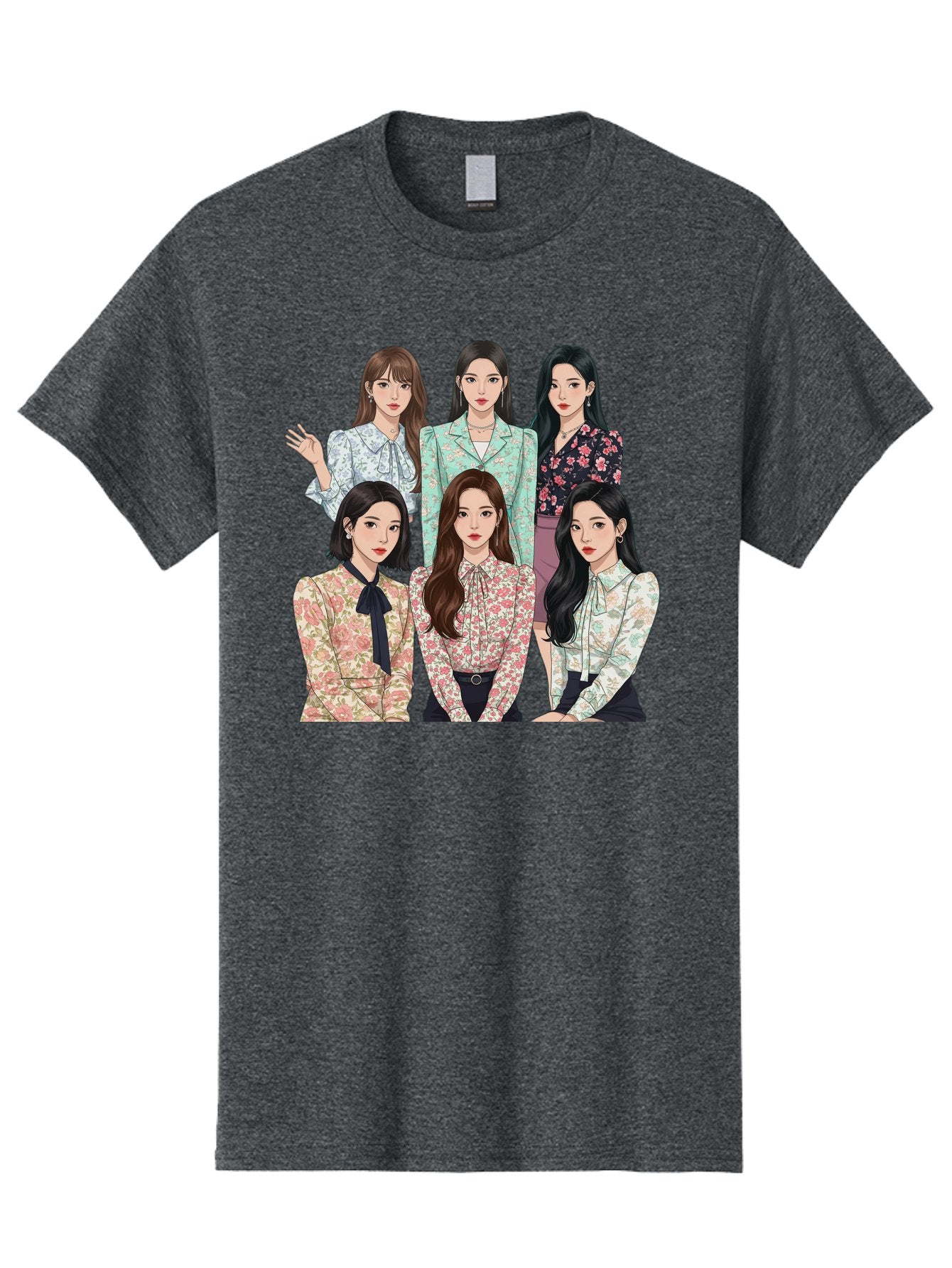 Girls-Generation Men'S Graphic Tee, 100% Cotton, Comfortable Casual Summer Wear, Machine Washable, K-Pop Group Illustration, Six Female Idols, Floral Blouses, Fashionable Outfits, Cartoon-Style Artwork, Long Black Hair, Stylish Poses, Bab961 9