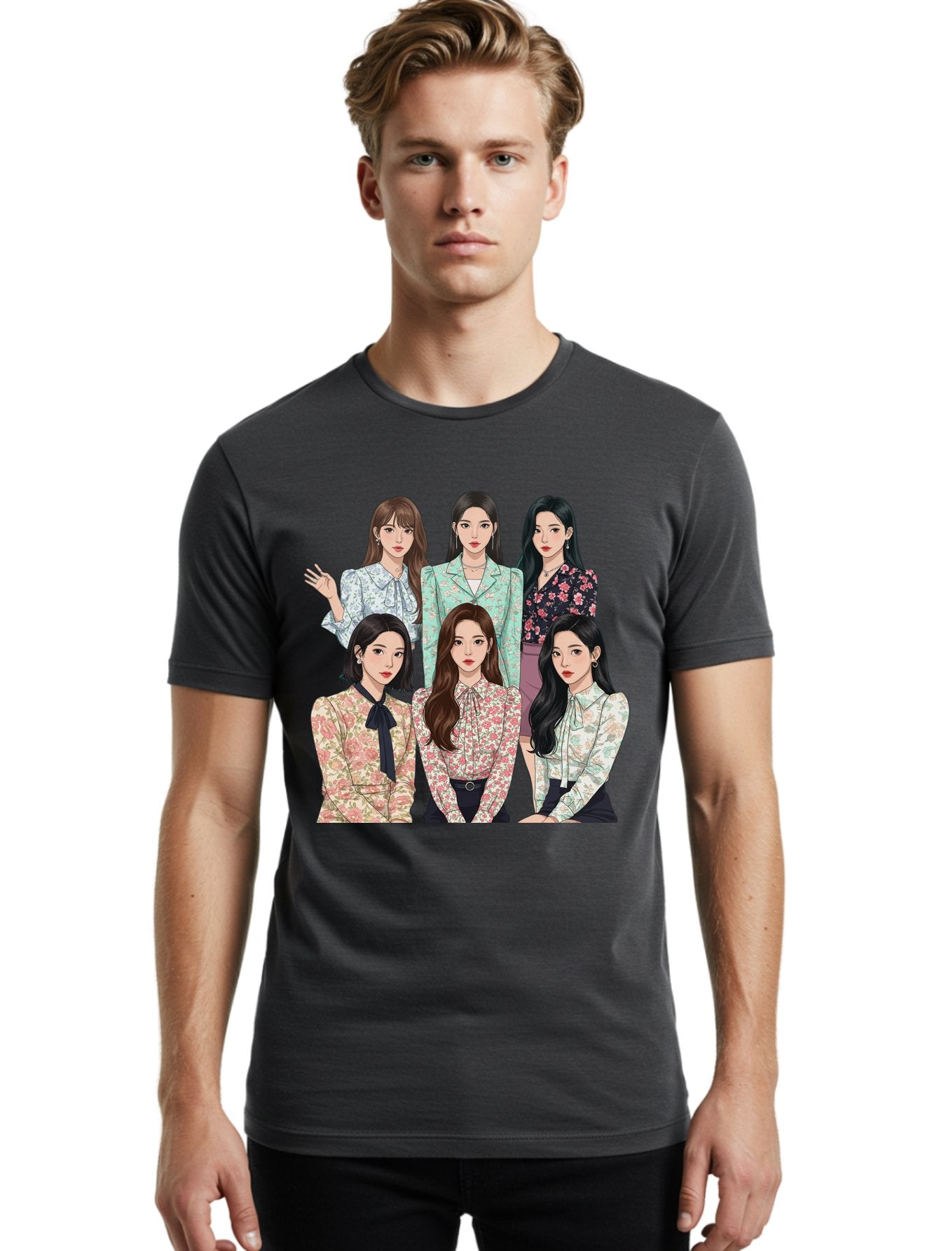 Girls-Generation Men'S Graphic Tee, 100% Cotton, Comfortable Casual Summer Wear, Machine Washable, K-Pop Group Illustration, Six Female Idols, Floral Blouses, Fashionable Outfits, Cartoon-Style Artwork, Long Black Hair, Stylish Poses, Bab961 26