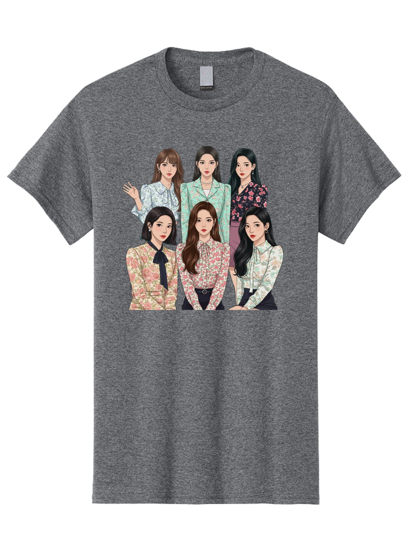 Girls-Generation Men'S Graphic Tee, 100% Cotton, Comfortable Casual Summer Wear, Machine Washable, K-Pop Group Illustration, Six Female Idols, Floral Blouses, Fashionable Outfits, Cartoon-Style Artwork, Long Black Hair, Stylish Poses, Bab961 5