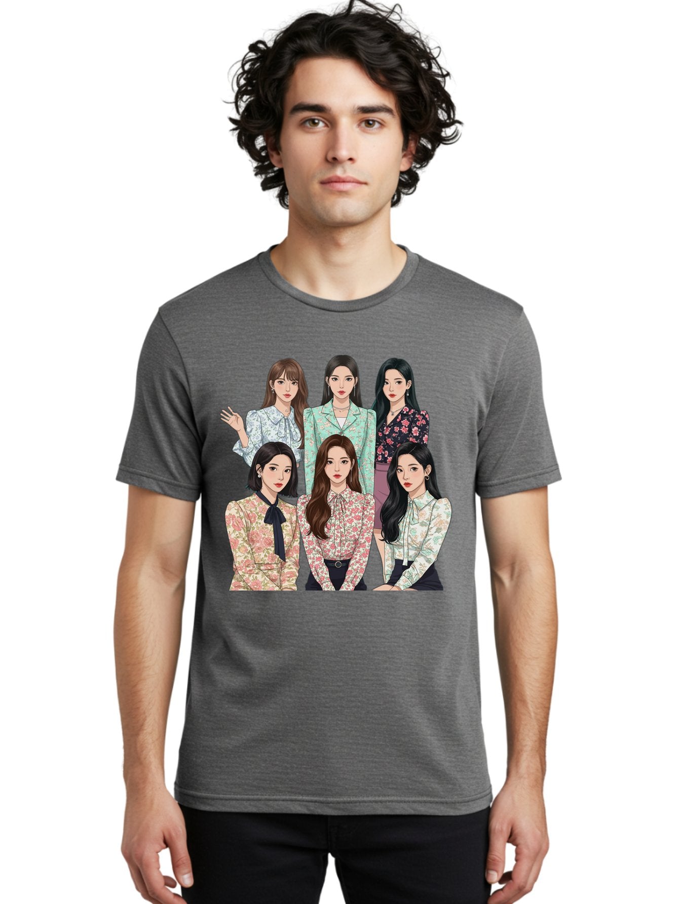 Girls-Generation Men'S Graphic Tee, 100% Cotton, Comfortable Casual Summer Wear, Machine Washable, K-Pop Group Illustration, Six Female Idols, Floral Blouses, Fashionable Outfits, Cartoon-Style Artwork, Long Black Hair, Stylish Poses, Bab961 23