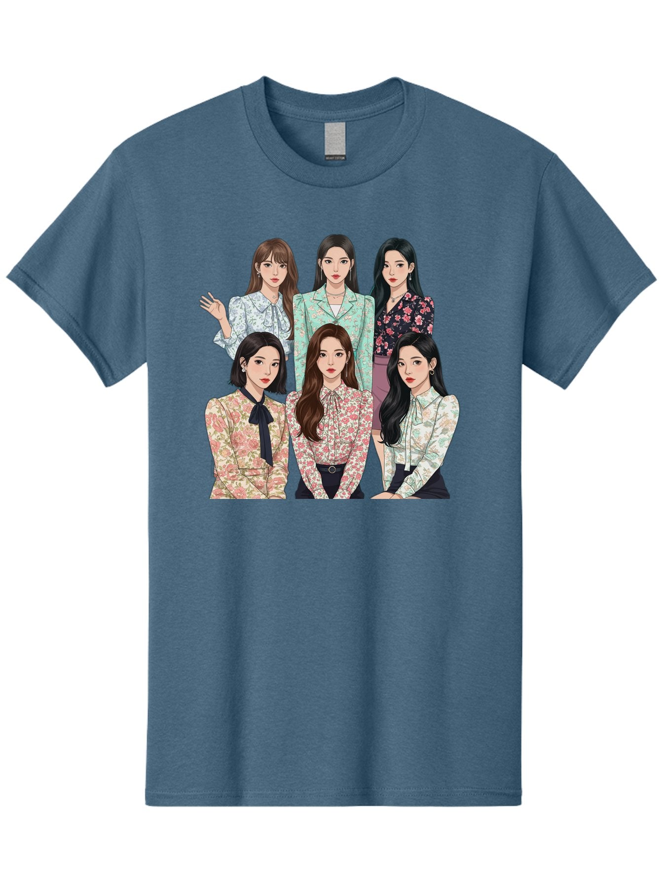 Girls-Generation Men'S Graphic Tee, 100% Cotton, Comfortable Casual Summer Wear, Machine Washable, K-Pop Group Illustration, Six Female Idols, Floral Blouses, Fashionable Outfits, Cartoon-Style Artwork, Long Black Hair, Stylish Poses, Bab961 14