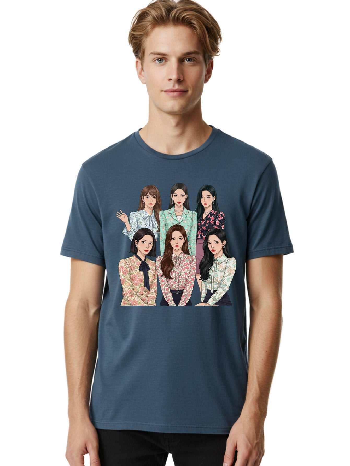 Girls-Generation Men'S Graphic Tee, 100% Cotton, Comfortable Casual Summer Wear, Machine Washable, K-Pop Group Illustration, Six Female Idols, Floral Blouses, Fashionable Outfits, Cartoon-Style Artwork, Long Black Hair, Stylish Poses, Bab961 29