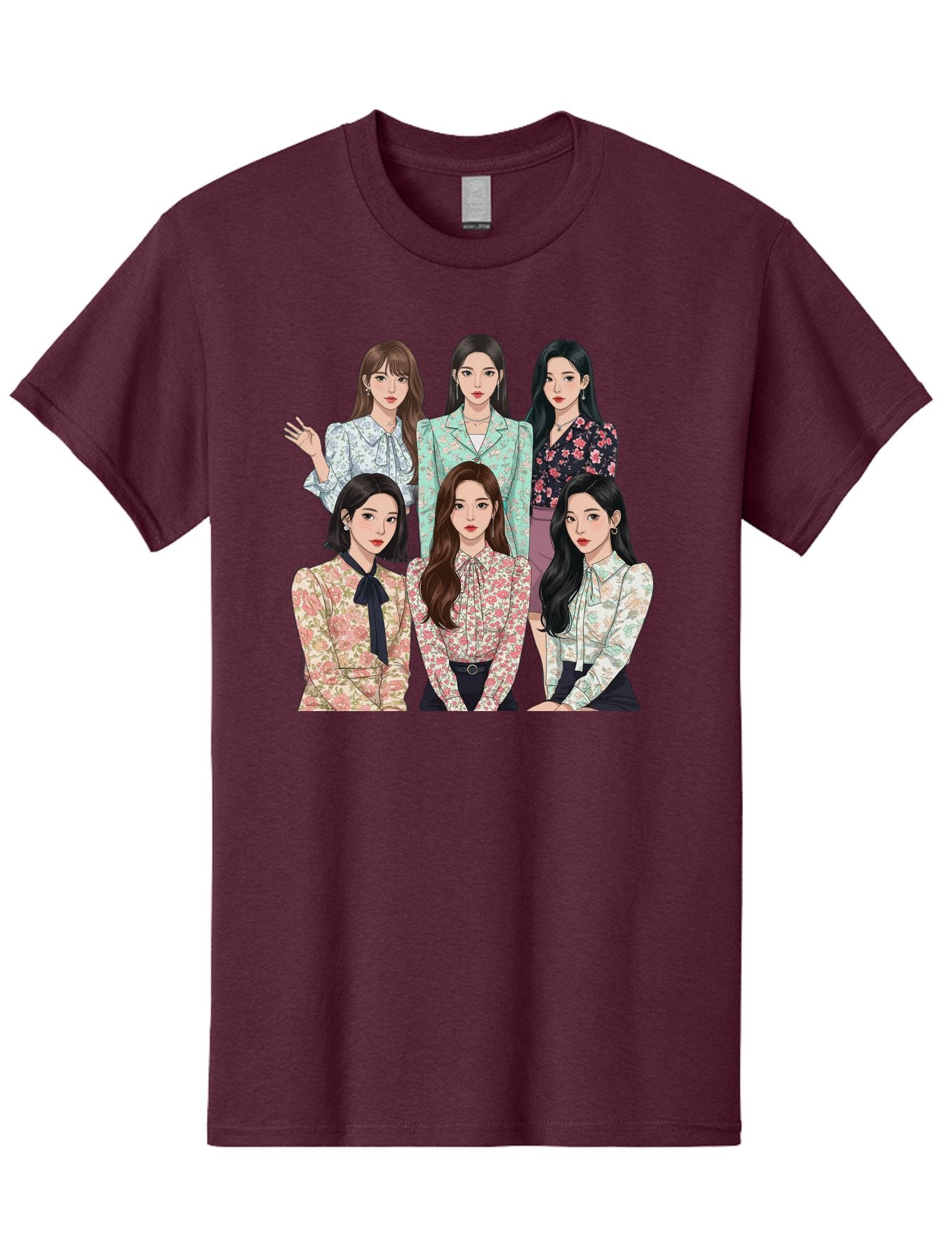 Girls-Generation Men'S Graphic Tee, 100% Cotton, Comfortable Casual Summer Wear, Machine Washable, K-Pop Group Illustration, Six Female Idols, Floral Blouses, Fashionable Outfits, Cartoon-Style Artwork, Long Black Hair, Stylish Poses, Bab961 6