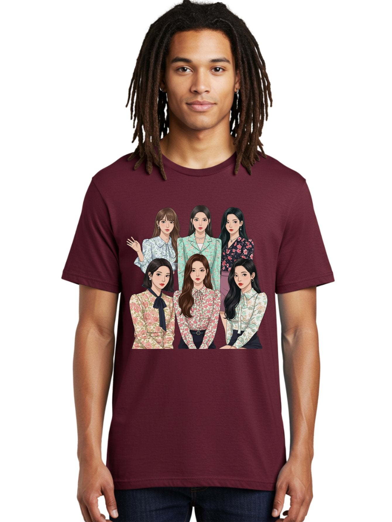 Girls-Generation Men'S Graphic Tee, 100% Cotton, Comfortable Casual Summer Wear, Machine Washable, K-Pop Group Illustration, Six Female Idols, Floral Blouses, Fashionable Outfits, Cartoon-Style Artwork, Long Black Hair, Stylish Poses, Bab961 24