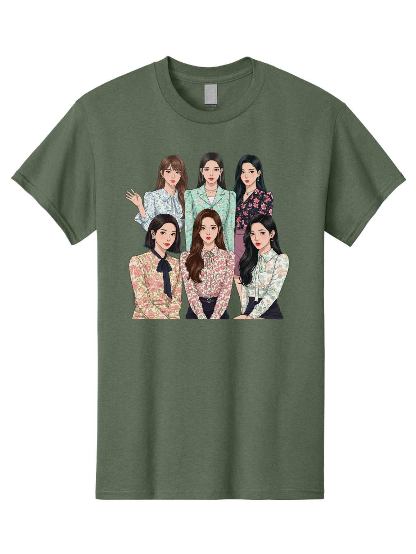 Girls-Generation Men'S Graphic Tee, 100% Cotton, Comfortable Casual Summer Wear, Machine Washable, K-Pop Group Illustration, Six Female Idols, Floral Blouses, Fashionable Outfits, Cartoon-Style Artwork, Long Black Hair, Stylish Poses, Bab961 4