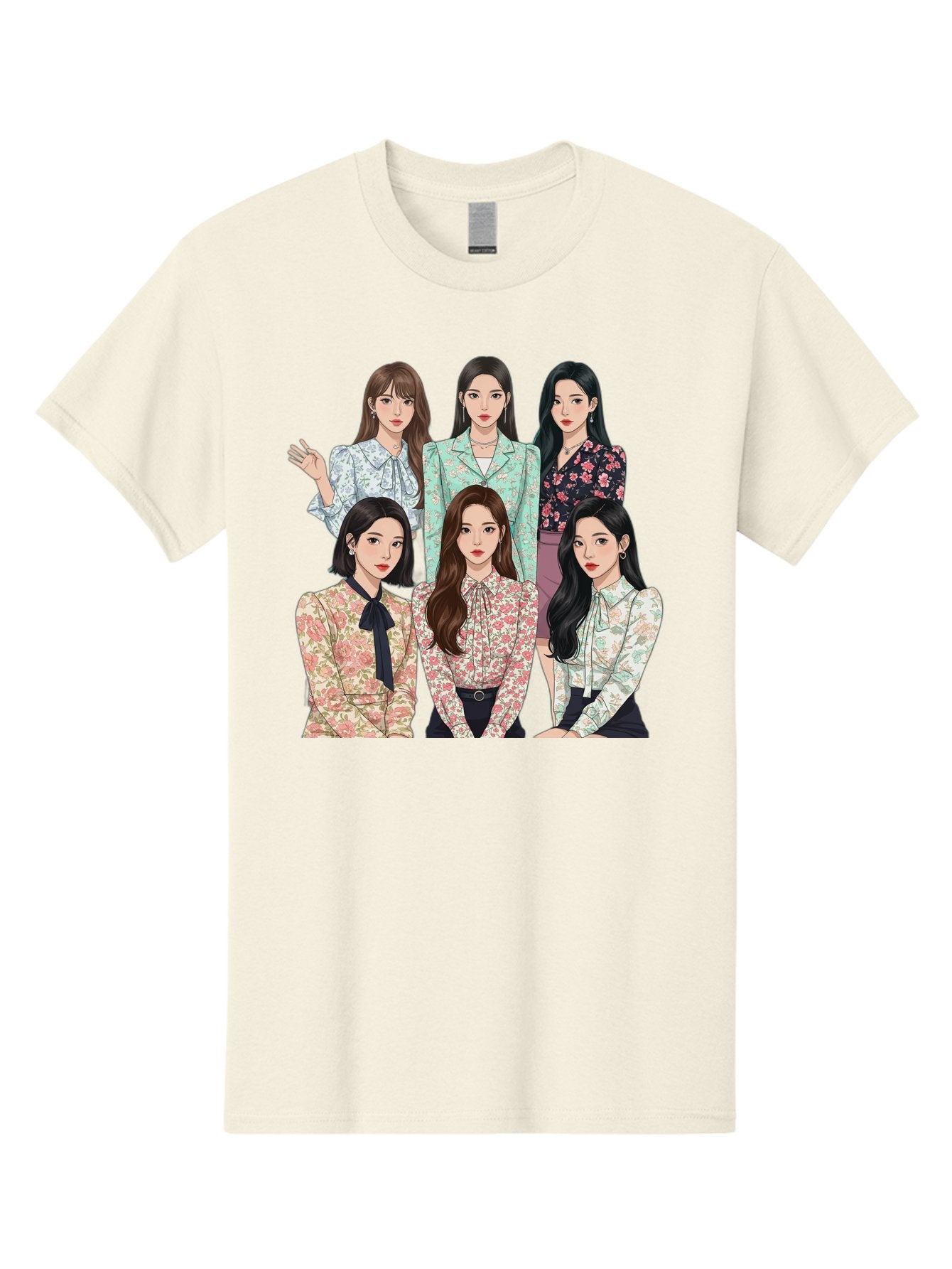 Girls-Generation Men'S Graphic Tee, 100% Cotton, Comfortable Casual Summer Wear, Machine Washable, K-Pop Group Illustration, Six Female Idols, Floral Blouses, Fashionable Outfits, Cartoon-Style Artwork, Long Black Hair, Stylish Poses, Bab961