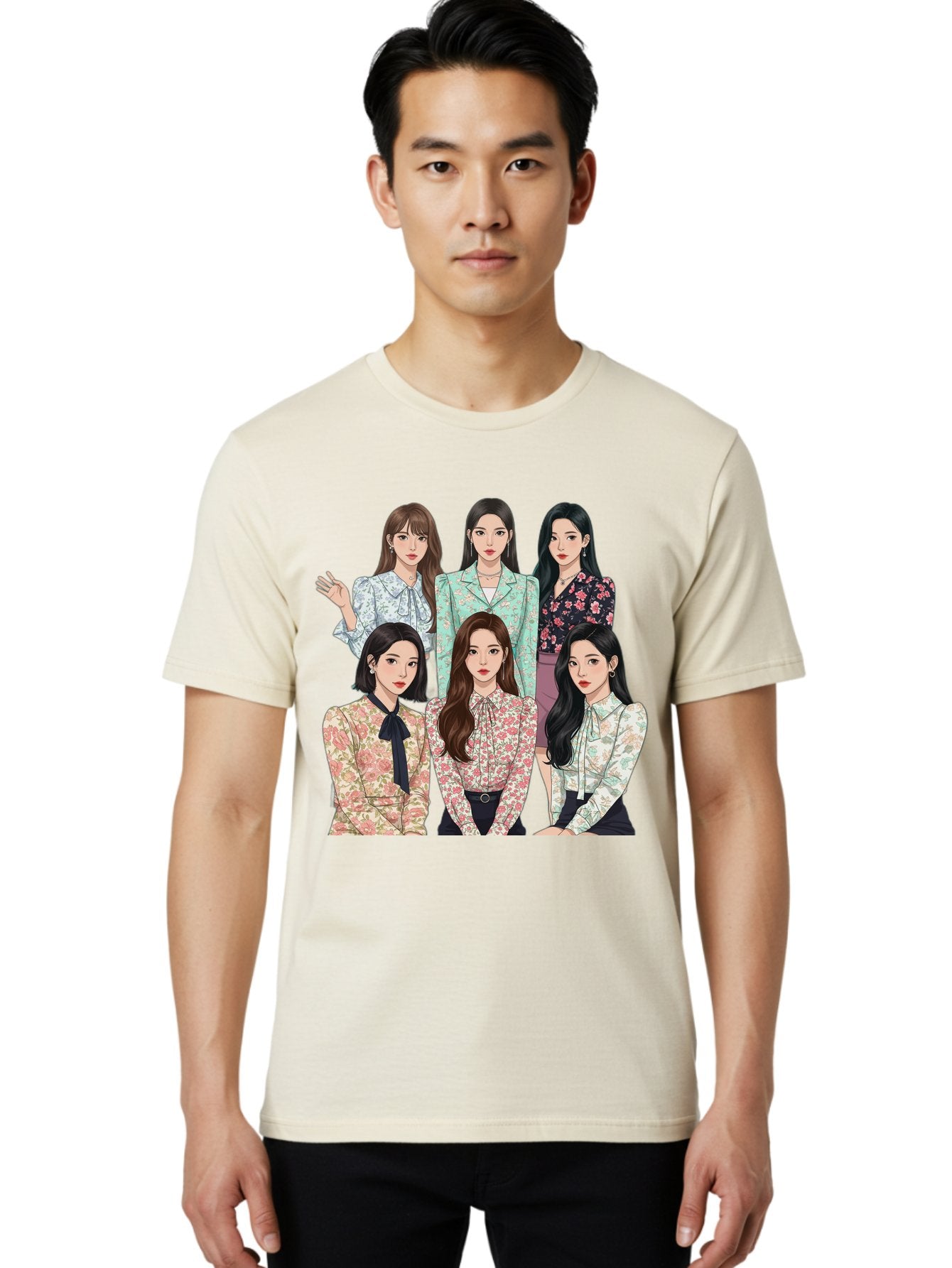 Girls-Generation Men'S Graphic Tee, 100% Cotton, Comfortable Casual Summer Wear, Machine Washable, K-Pop Group Illustration, Six Female Idols, Floral Blouses, Fashionable Outfits, Cartoon-Style Artwork, Long Black Hair, Stylish Poses, Bab961 21