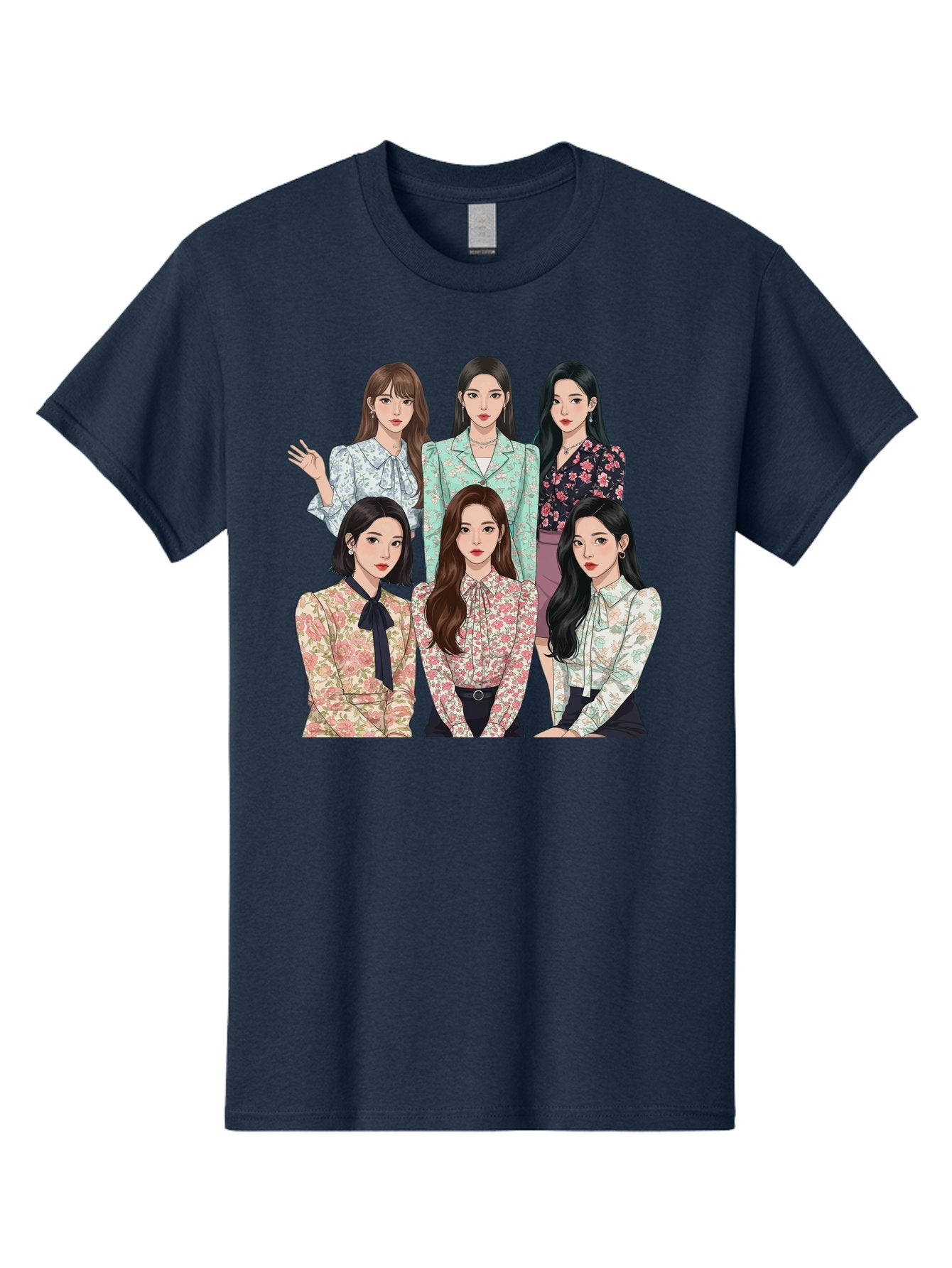 Girls-Generation Men'S Graphic Tee, 100% Cotton, Comfortable Casual Summer Wear, Machine Washable, K-Pop Group Illustration, Six Female Idols, Floral Blouses, Fashionable Outfits, Cartoon-Style Artwork, Long Black Hair, Stylish Poses, Bab961 15