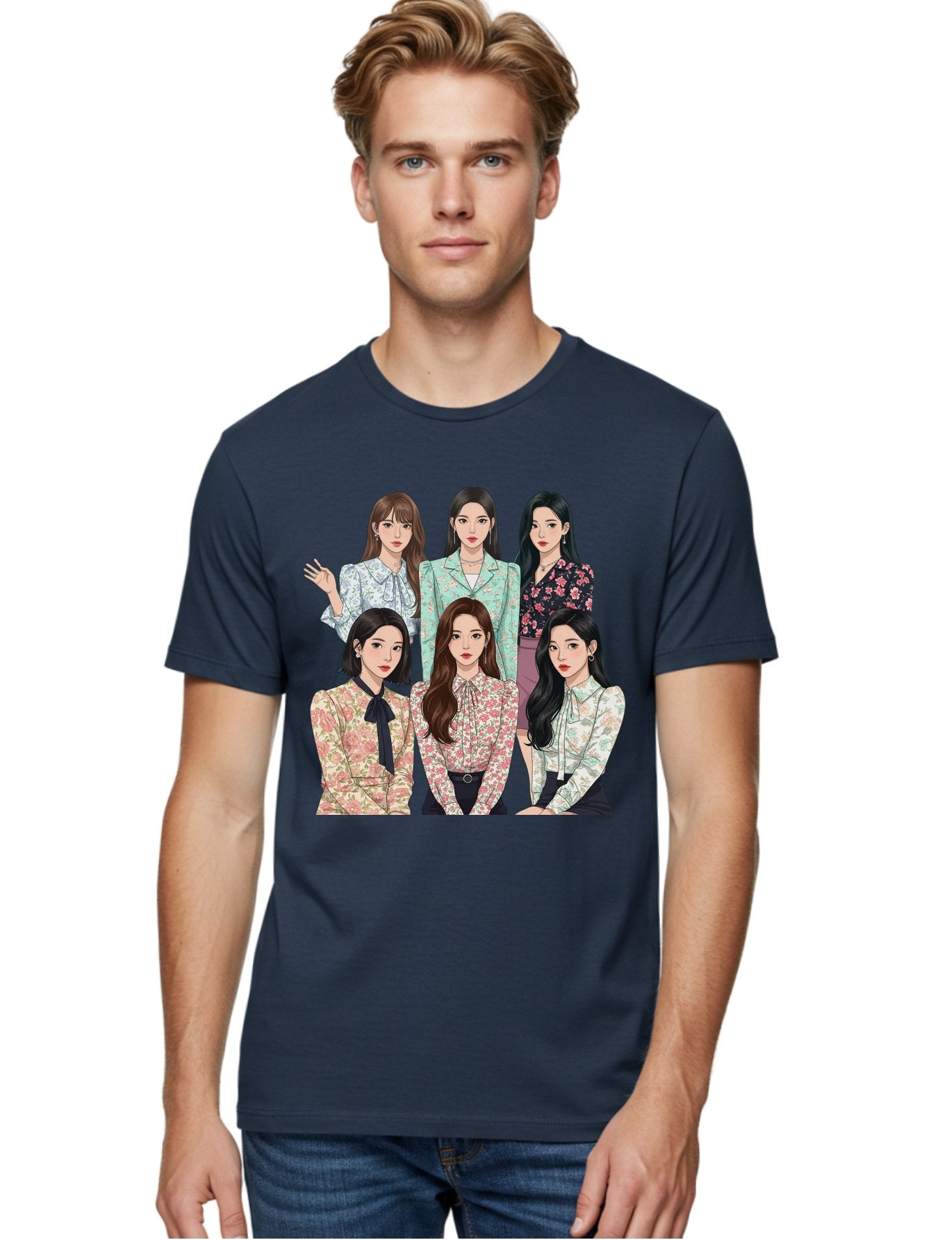 Girls-Generation Men'S Graphic Tee, 100% Cotton, Comfortable Casual Summer Wear, Machine Washable, K-Pop Group Illustration, Six Female Idols, Floral Blouses, Fashionable Outfits, Cartoon-Style Artwork, Long Black Hair, Stylish Poses, Bab961 30