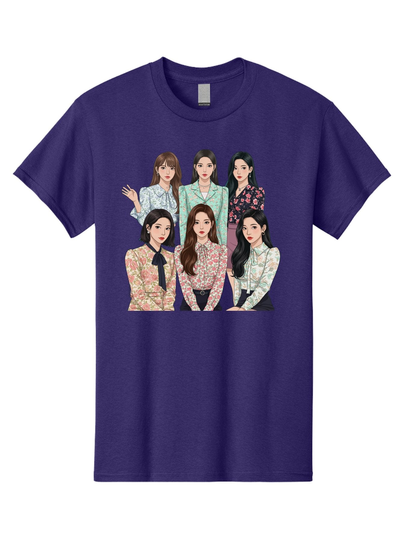 Girls-Generation Men'S Graphic Tee, 100% Cotton, Comfortable Casual Summer Wear, Machine Washable, K-Pop Group Illustration, Six Female Idols, Floral Blouses, Fashionable Outfits, Cartoon-Style Artwork, Long Black Hair, Stylish Poses, Bab961