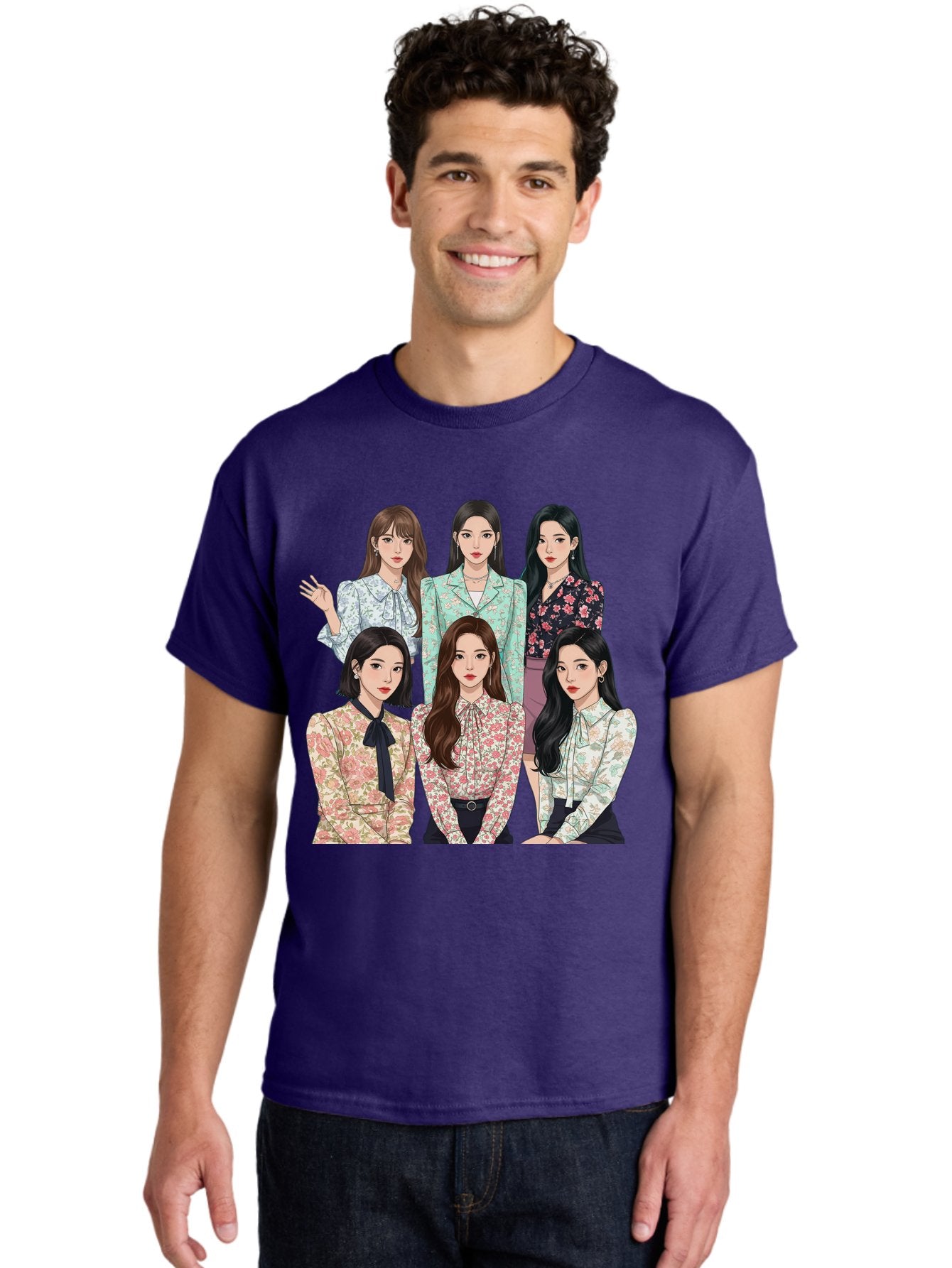 Girls-Generation Men'S Graphic Tee, 100% Cotton, Comfortable Casual Summer Wear, Machine Washable, K-Pop Group Illustration, Six Female Idols, Floral Blouses, Fashionable Outfits, Cartoon-Style Artwork, Long Black Hair, Stylish Poses, Bab961 19