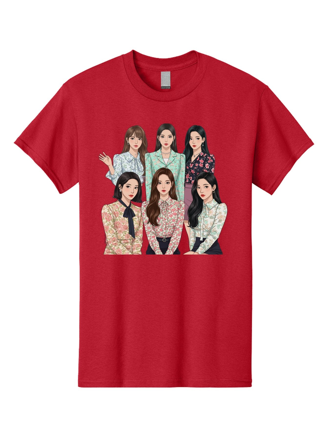 Girls-Generation Men'S Graphic Tee, 100% Cotton, Comfortable Casual Summer Wear, Machine Washable, K-Pop Group Illustration, Six Female Idols, Floral Blouses, Fashionable Outfits, Cartoon-Style Artwork, Long Black Hair, Stylish Poses, Bab961 8