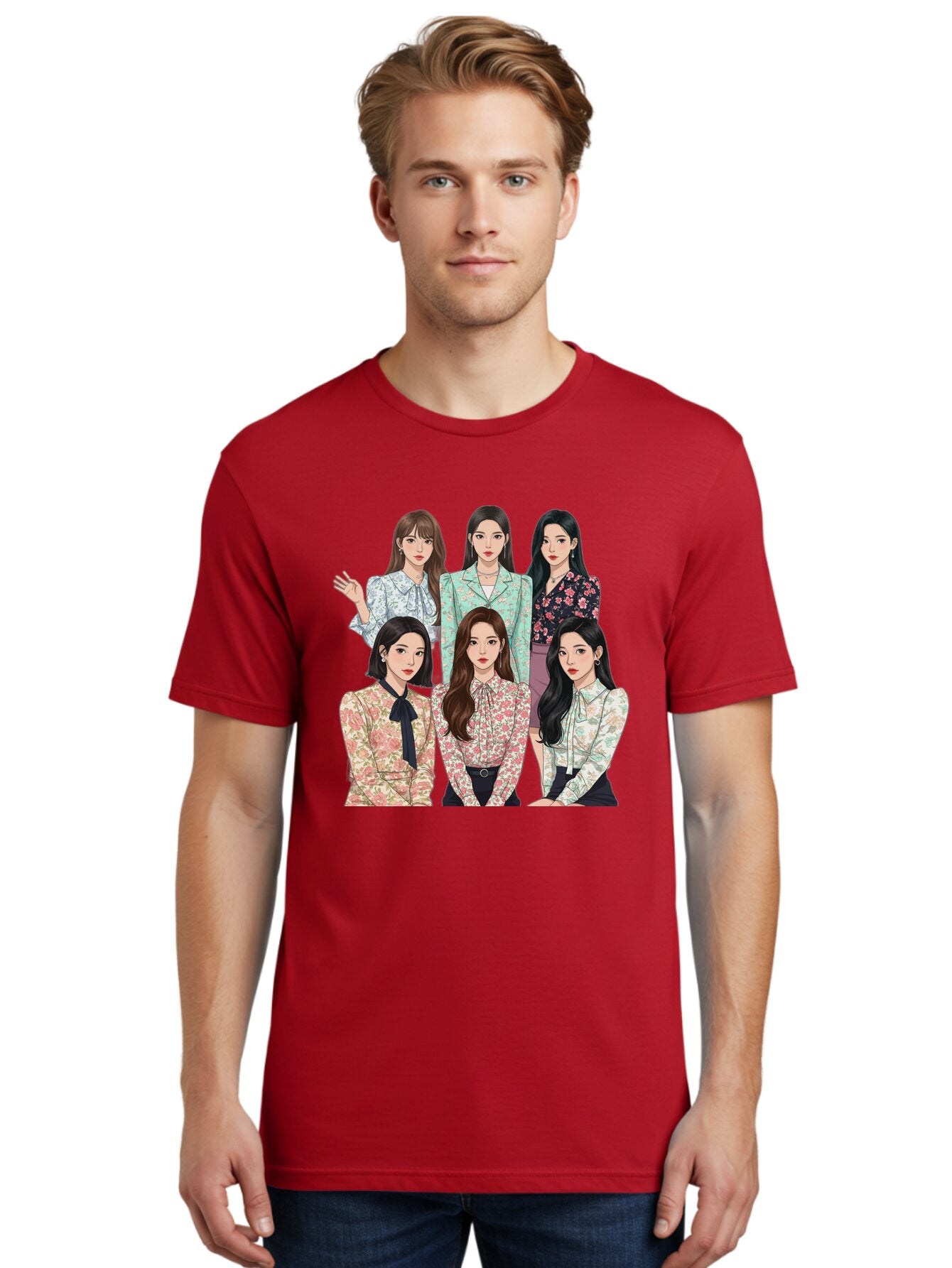 Girls-Generation Men'S Graphic Tee, 100% Cotton, Comfortable Casual Summer Wear, Machine Washable, K-Pop Group Illustration, Six Female Idols, Floral Blouses, Fashionable Outfits, Cartoon-Style Artwork, Long Black Hair, Stylish Poses, Bab961 25