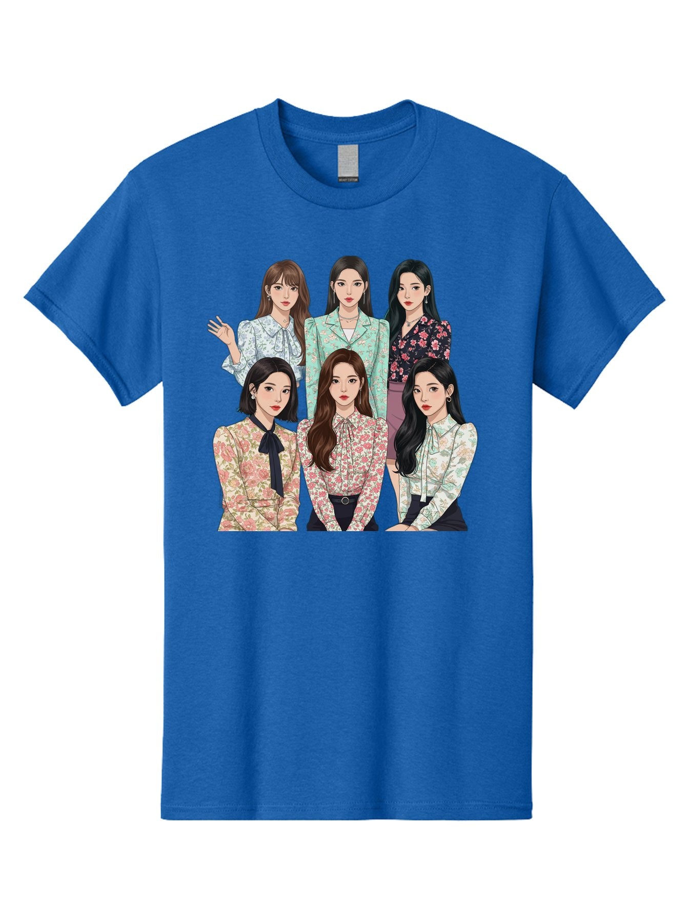 Girls-Generation Men'S Graphic Tee, 100% Cotton, Comfortable Casual Summer Wear, Machine Washable, K-Pop Group Illustration, Six Female Idols, Floral Blouses, Fashionable Outfits, Cartoon-Style Artwork, Long Black Hair, Stylish Poses, Bab961 12
